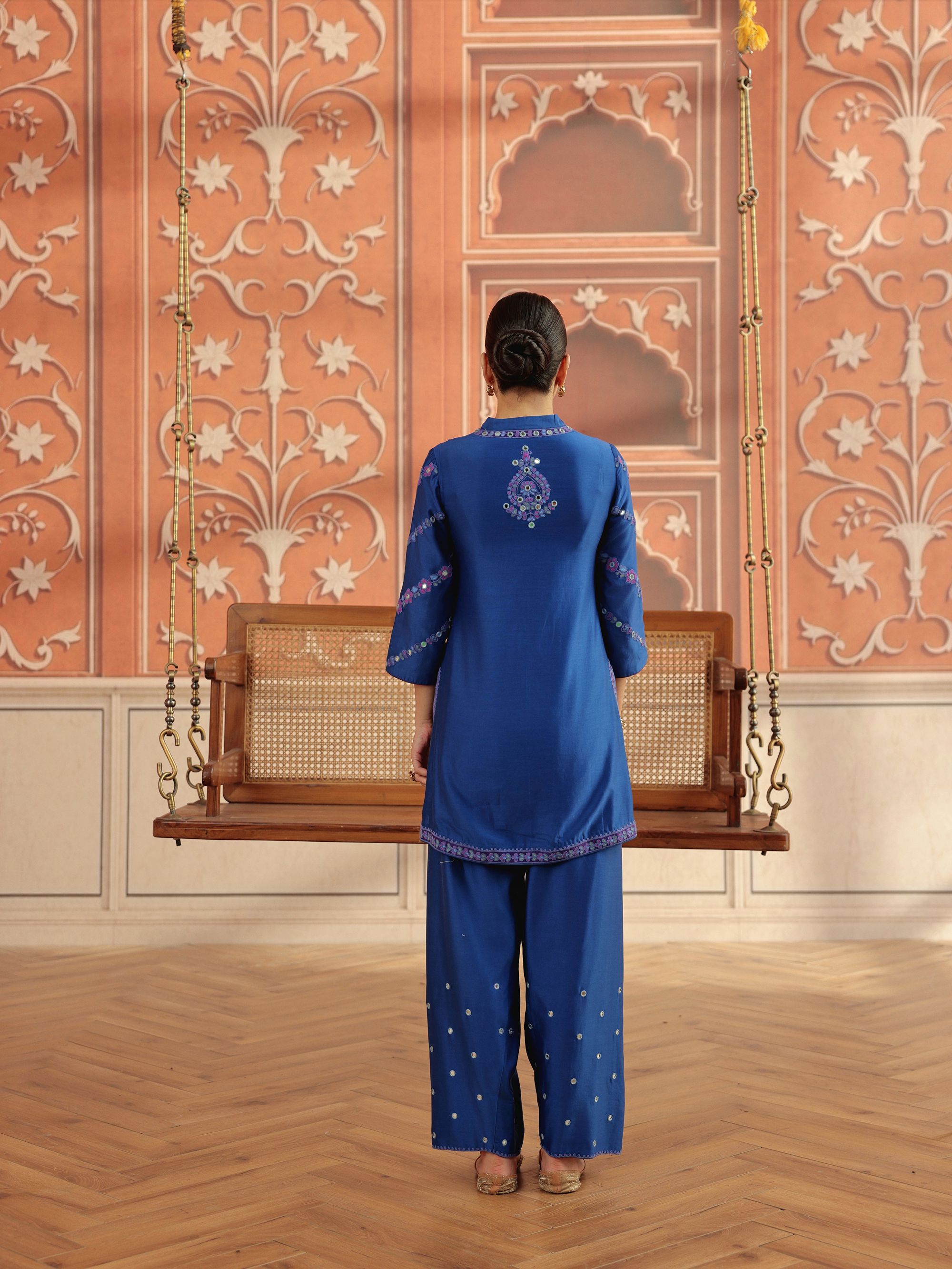 Rasa Royal Blue Mirror Work Handcrafted Silk Chanderi Short Kurta Set with Farshi Salwar
