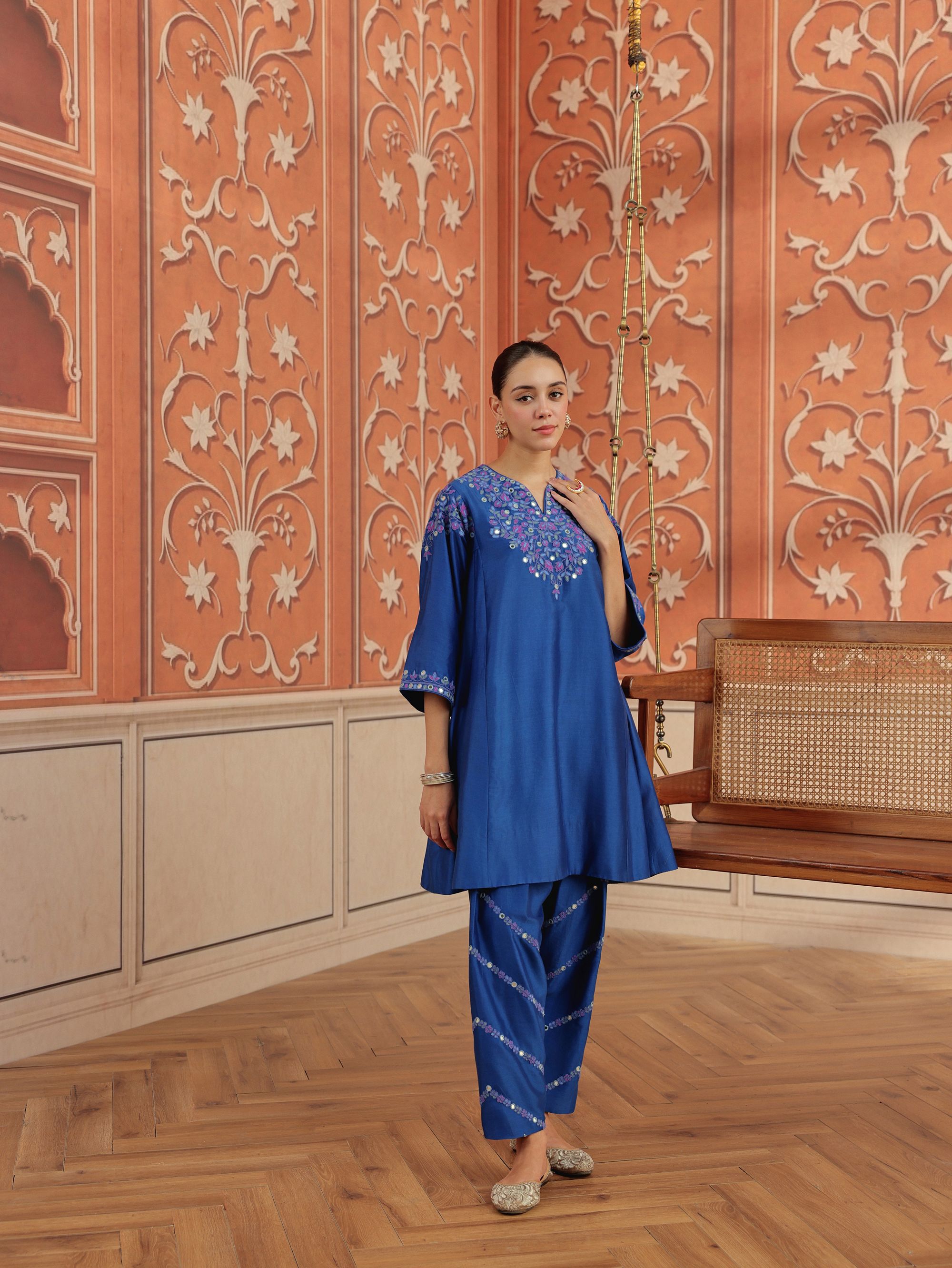 Mirae Royal Blue Mirror Work Silk Chanderi Handcrafted Choga Set