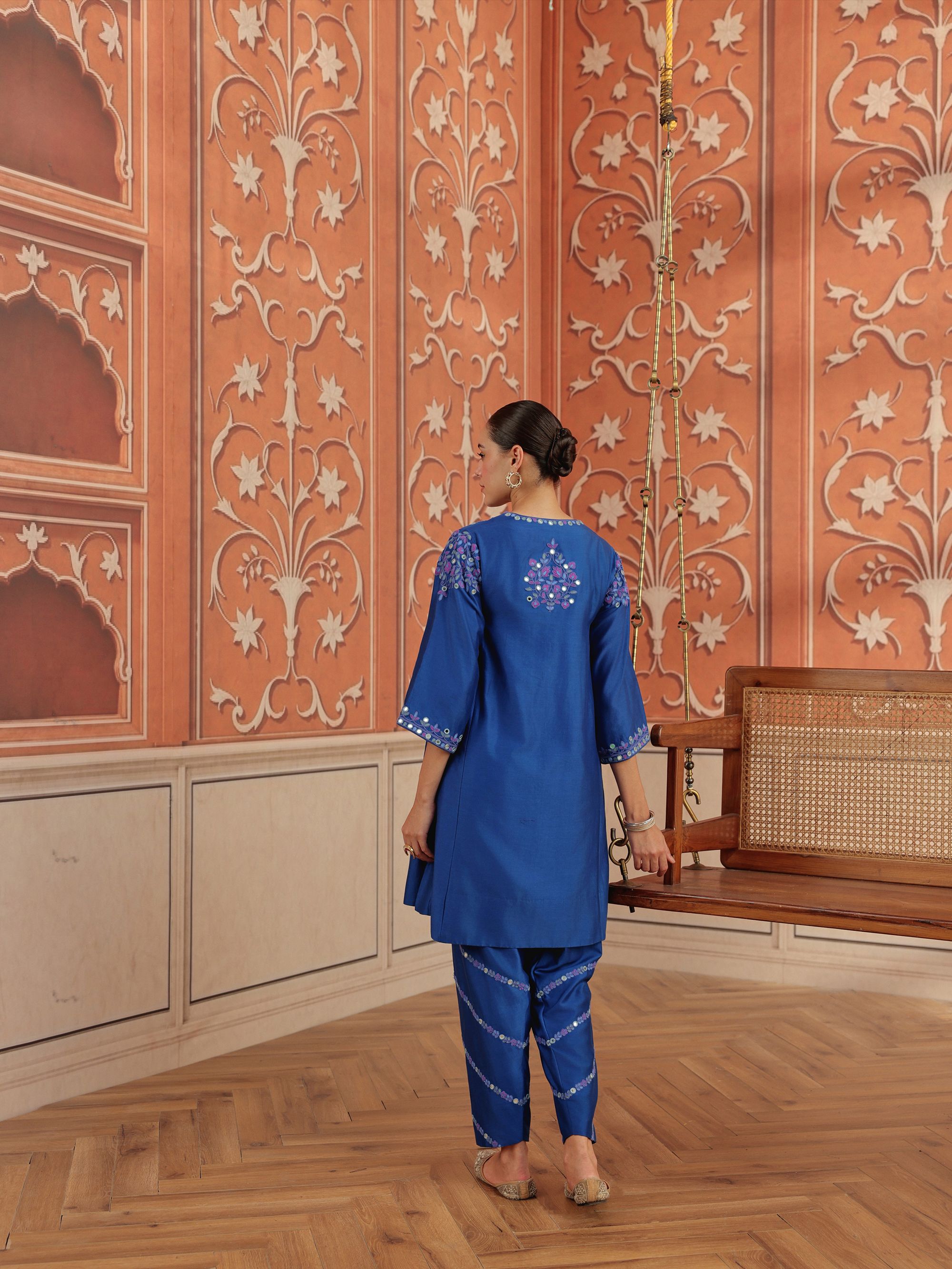 Mirae Royal Blue Mirror Work Silk Chanderi Handcrafted Choga Set