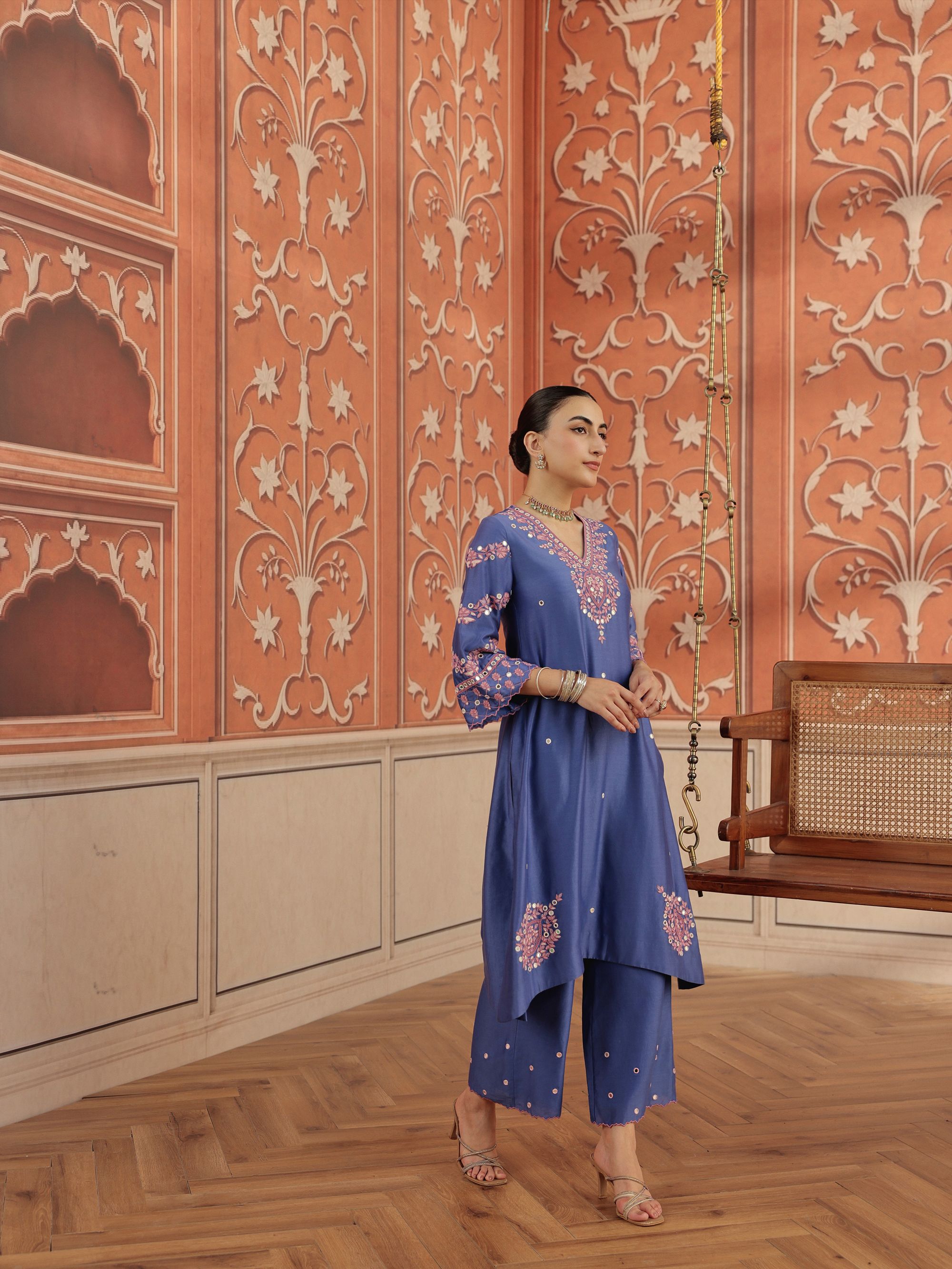 Avin Blue Mirror Work Silk Chanderi Handcrafted Kurta Set