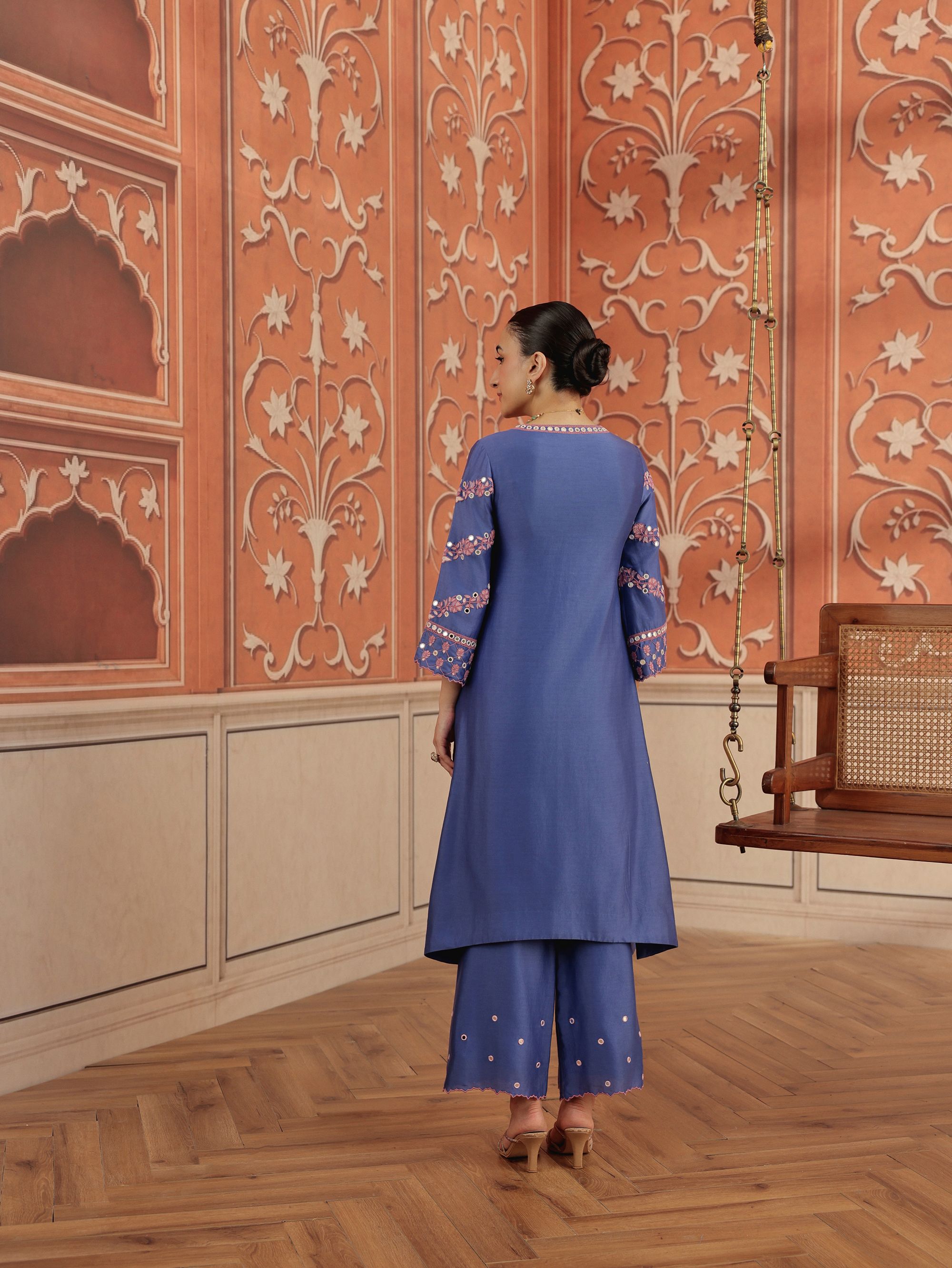 Avin Blue Mirror Work Silk Chanderi Handcrafted Kurta Set