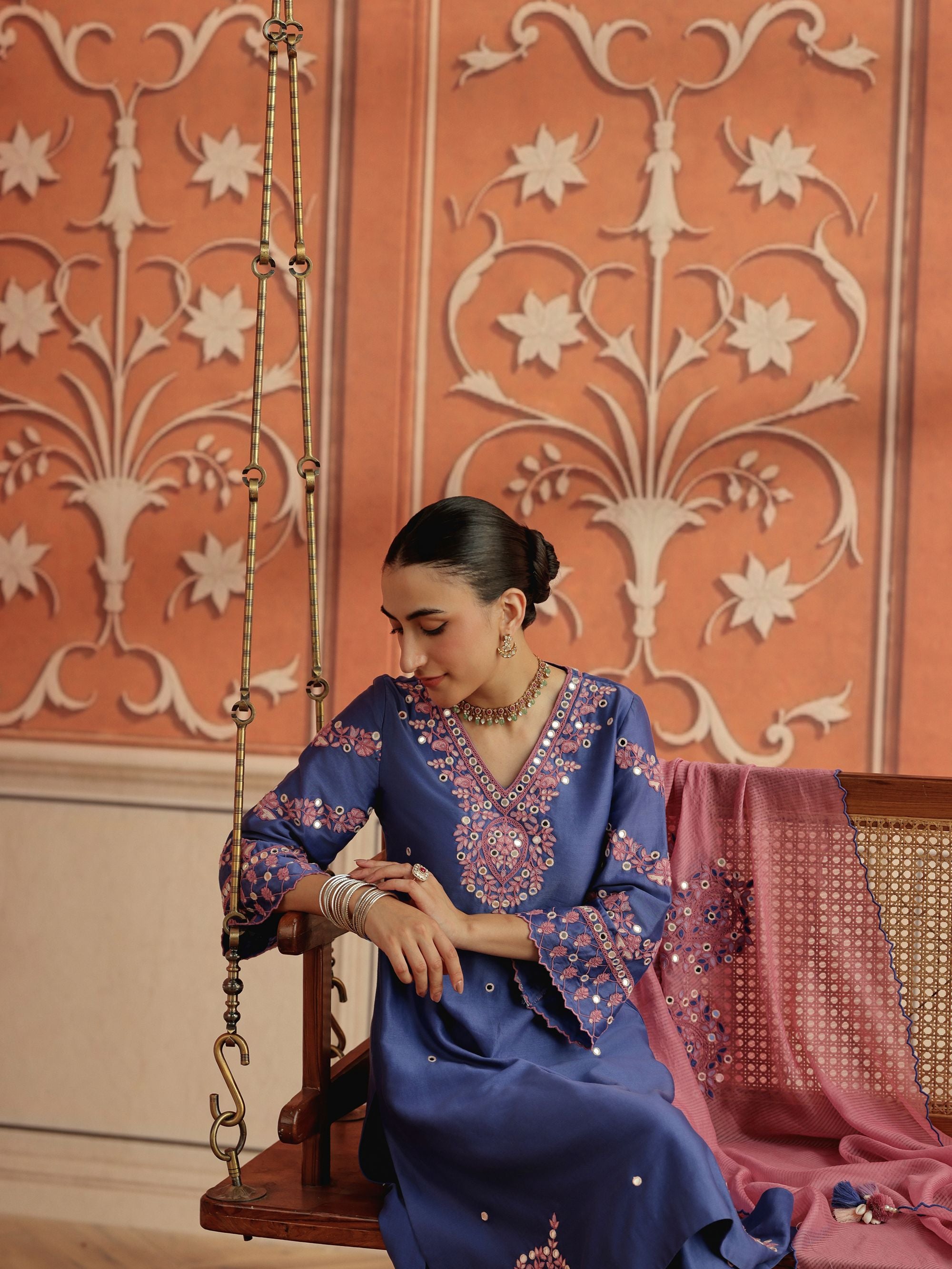 Avin Blue Mirror Work Silk Chanderi Handcrafted Kurta Set