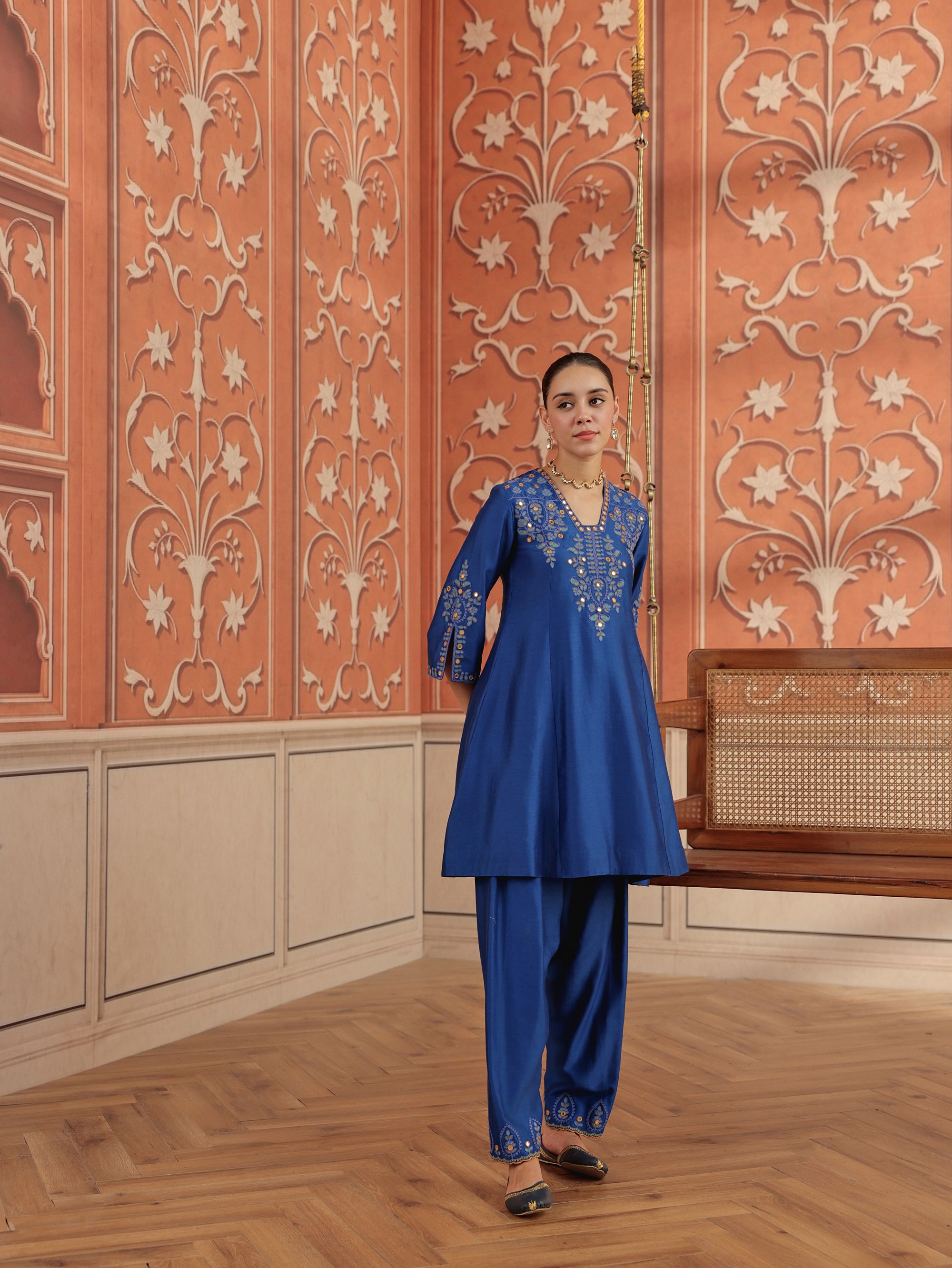 Zora Royal Blue Mirror Work Silk  Chanderi Handcrafted A-Line Kurta Set
