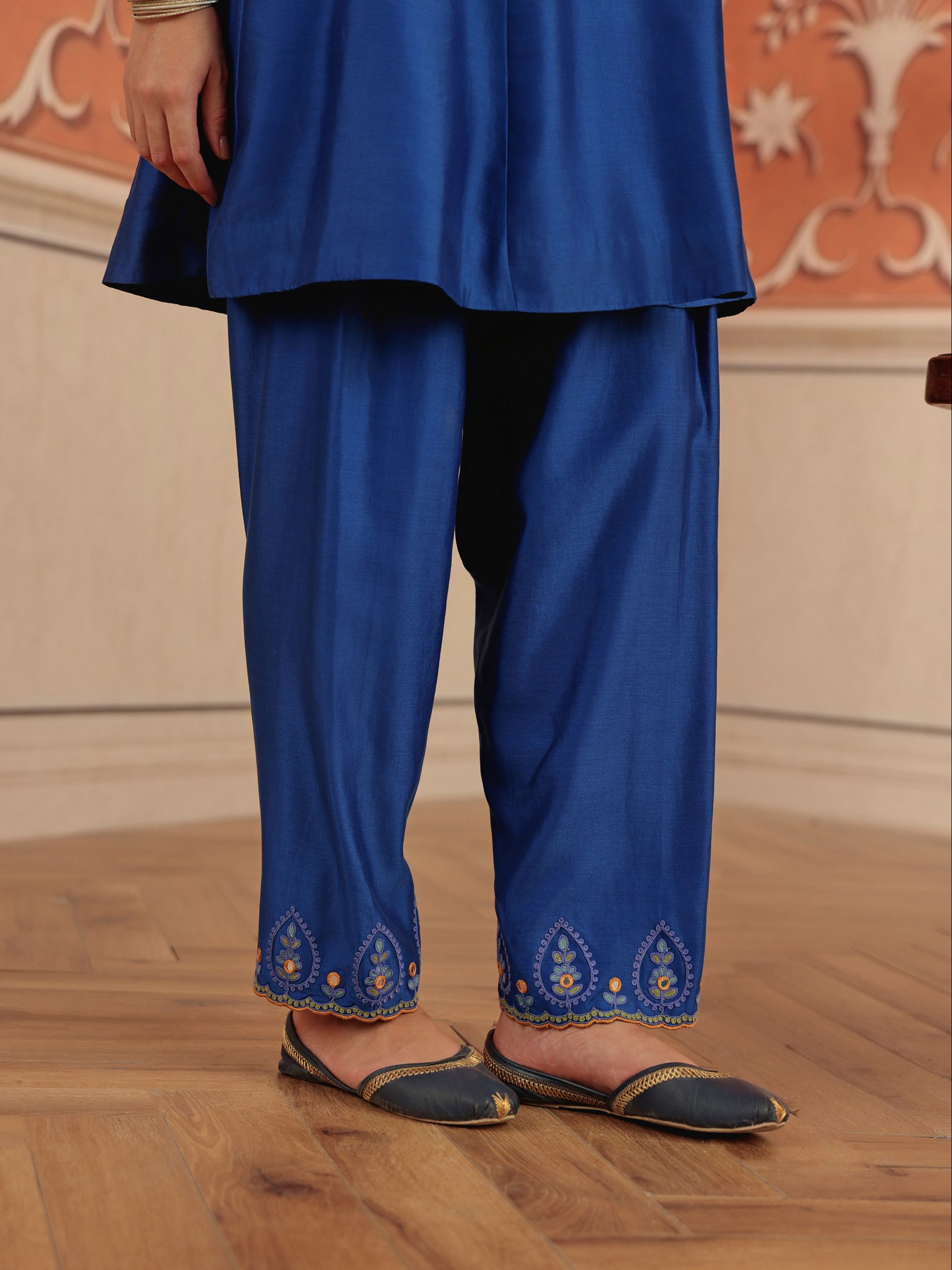 Zora Royal Blue Mirror Work Silk  Chanderi Handcrafted A-Line Kurta Set