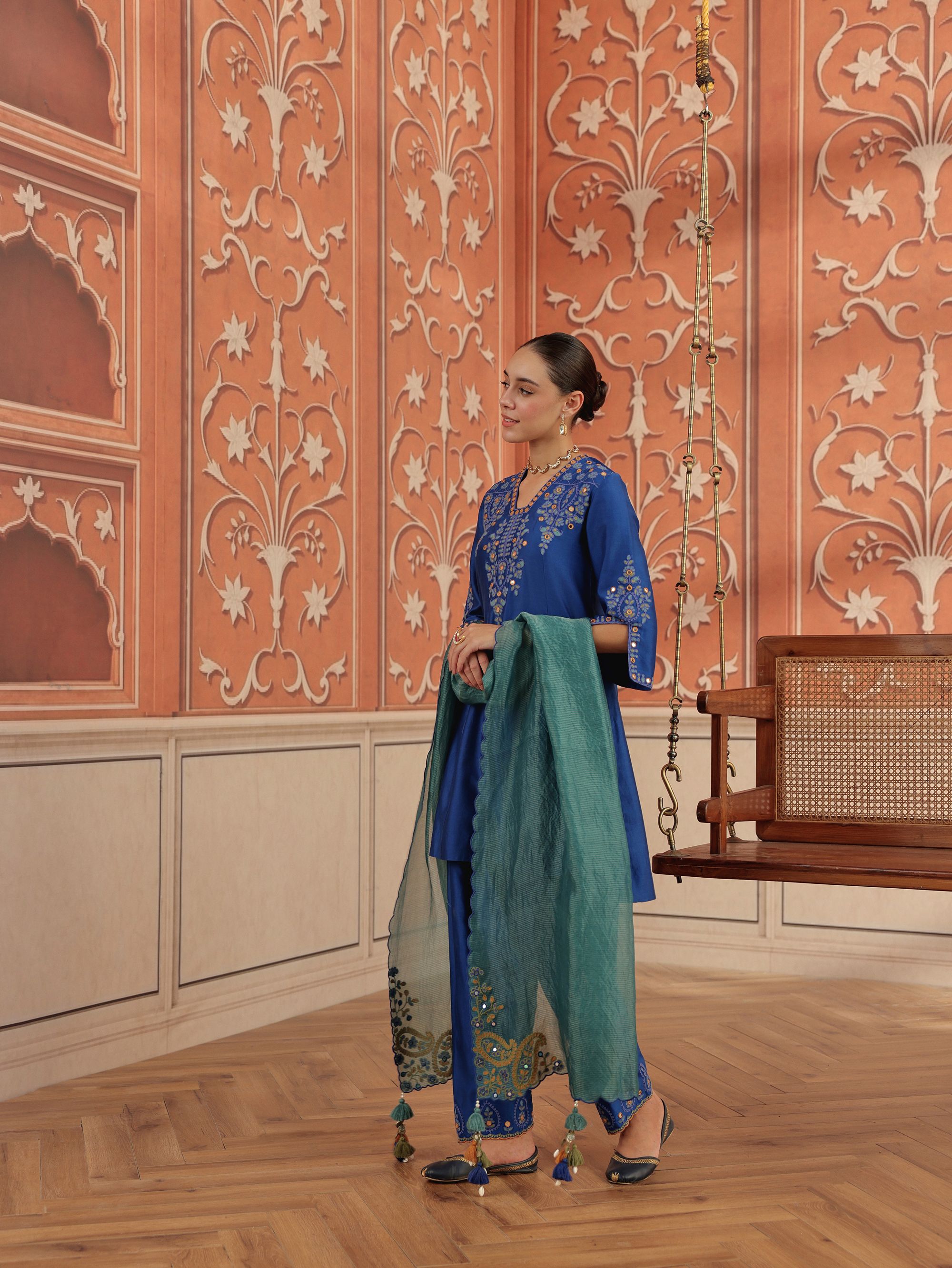 Zora Royal Blue Mirror Work Silk  Chanderi Handcrafted A-Line Kurta Set