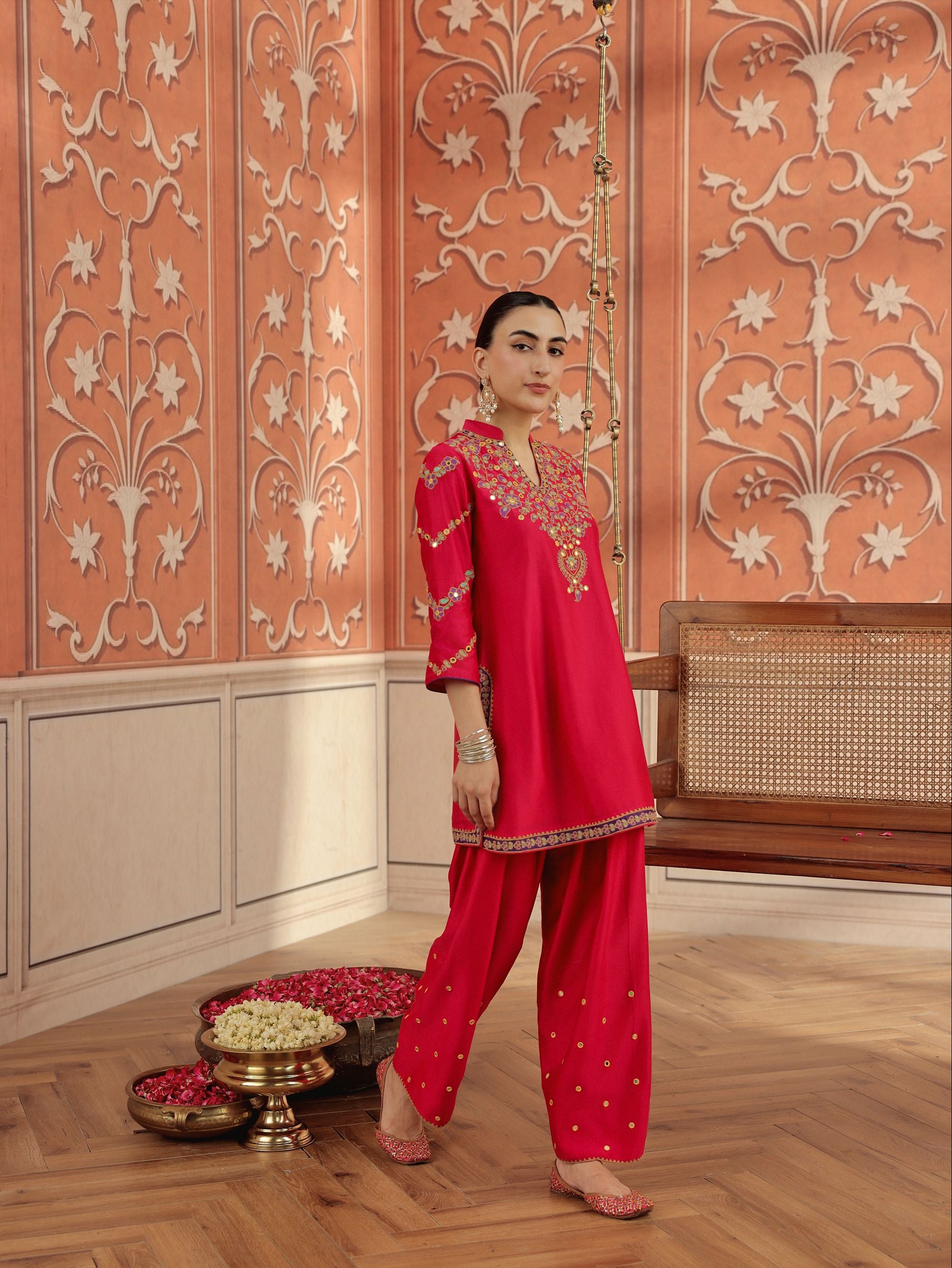 Rasa Ruby Pink Mirror Work Handcrafted Silk Chanderi Short Kurta Set with Farshi Salwar