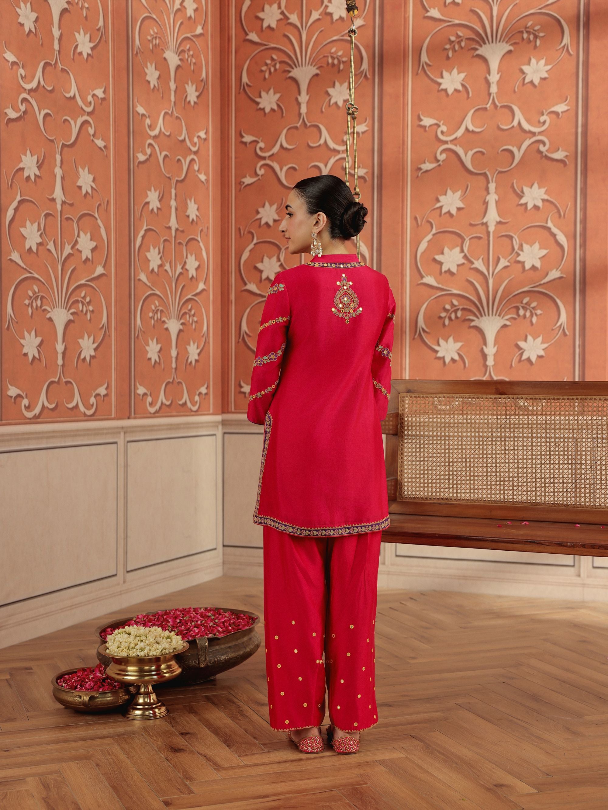 Rasa Ruby Pink Mirror Work Handcrafted Silk Chanderi Short Kurta Set with Farshi Salwar