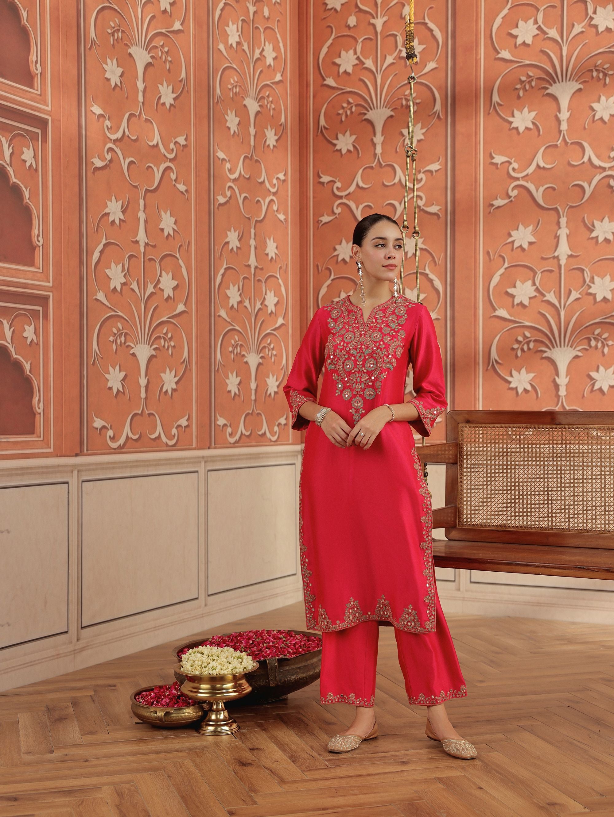 Veya Ruby Pink Mirror Work Silk Chanderi Handcrafted Kurta Set