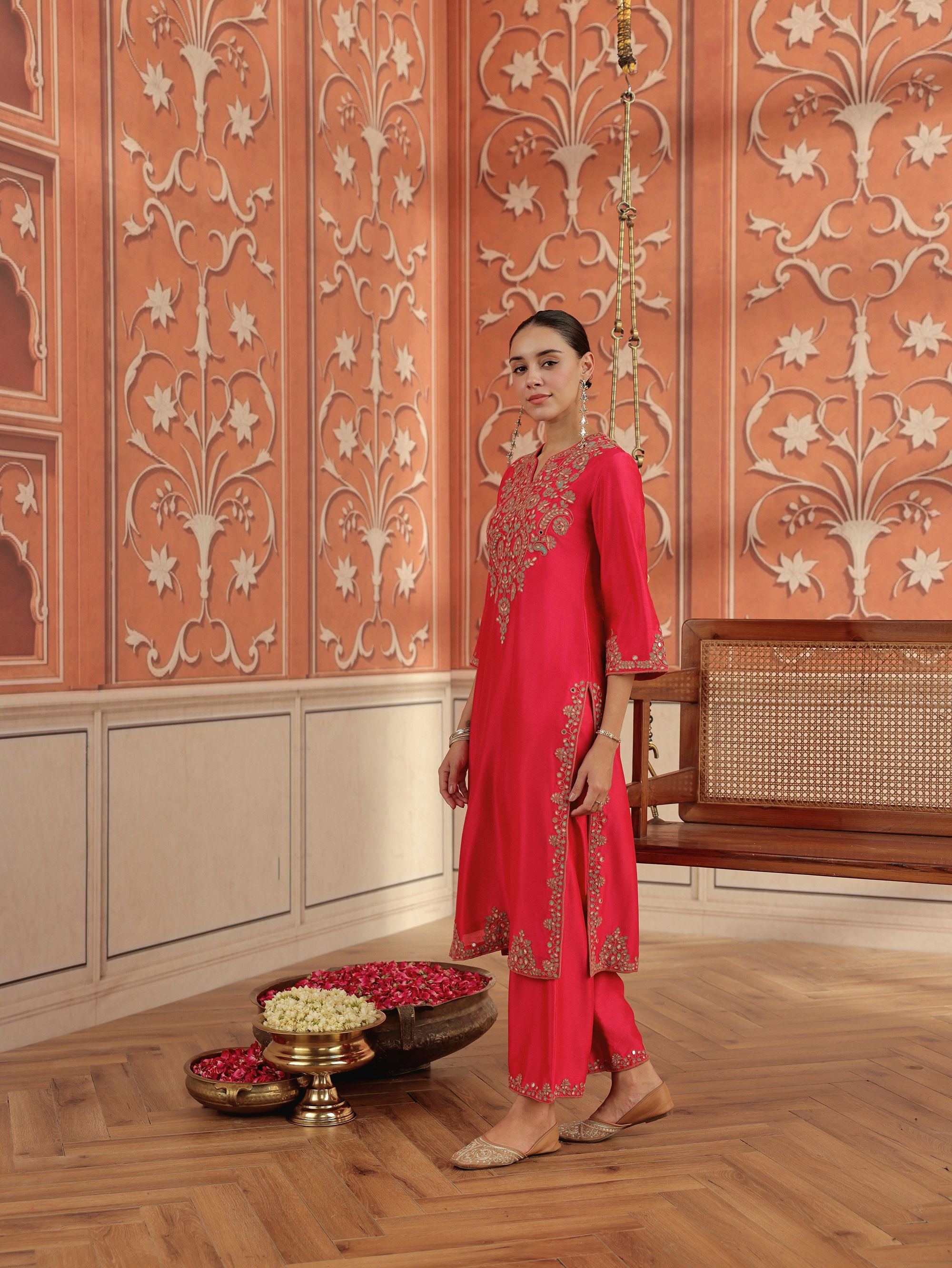 Veya Ruby Pink Mirror Work Silk Chanderi Handcrafted Kurta Set