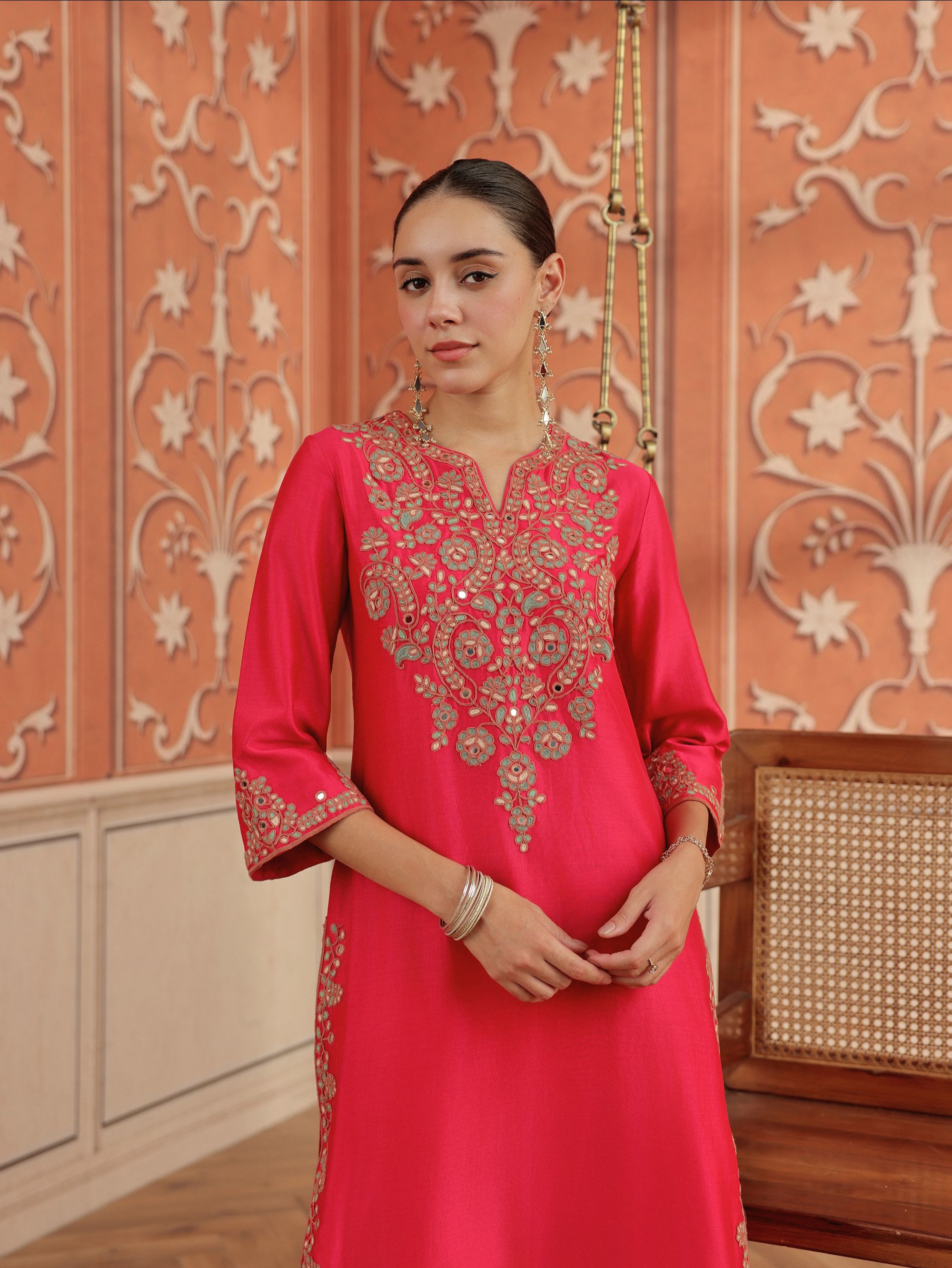 Veya Ruby Pink Mirror Work Silk Chanderi Handcrafted Kurta Set