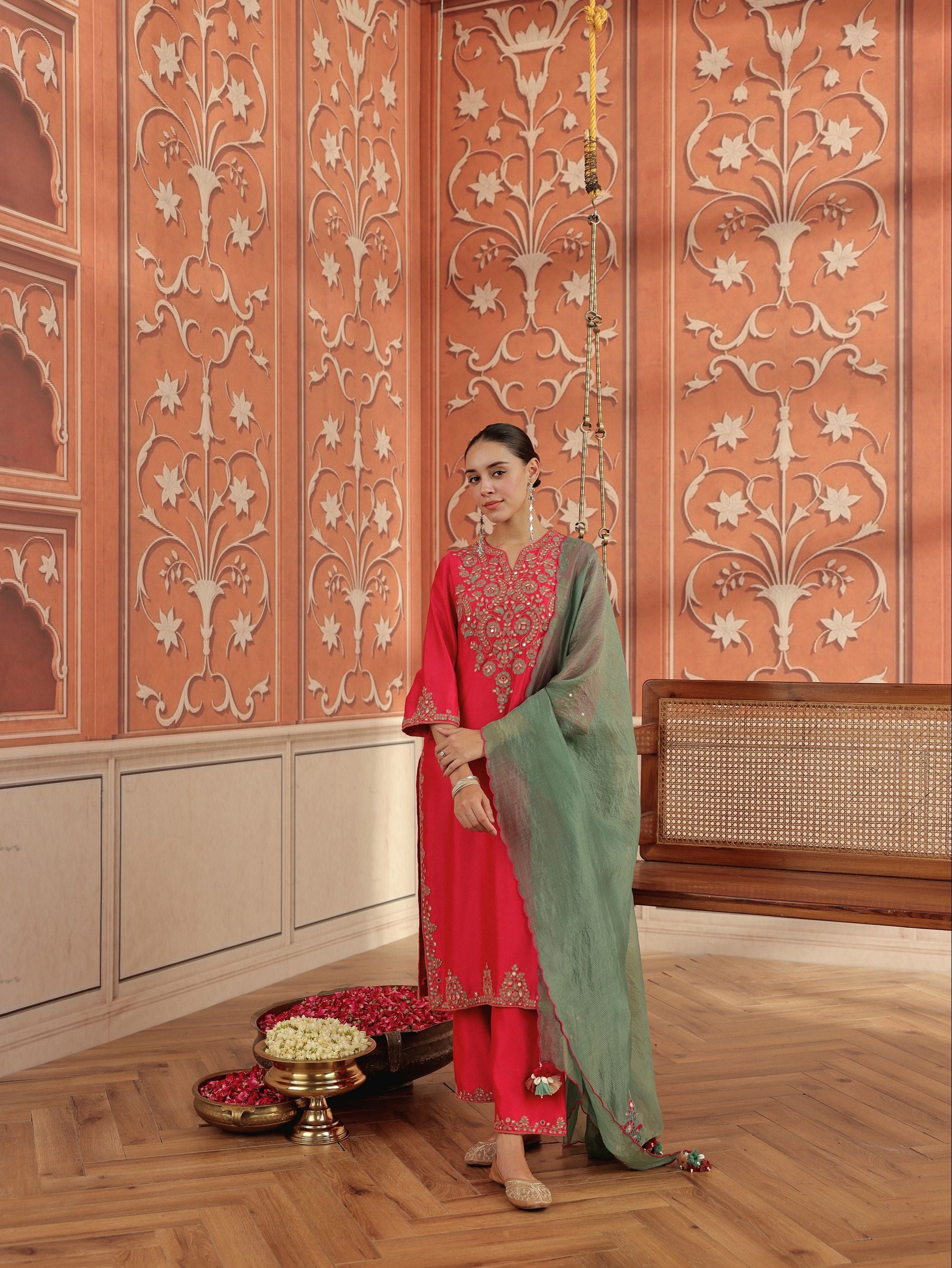Veya Ruby Pink Mirror Work Silk Chanderi Handcrafted Kurta Set
