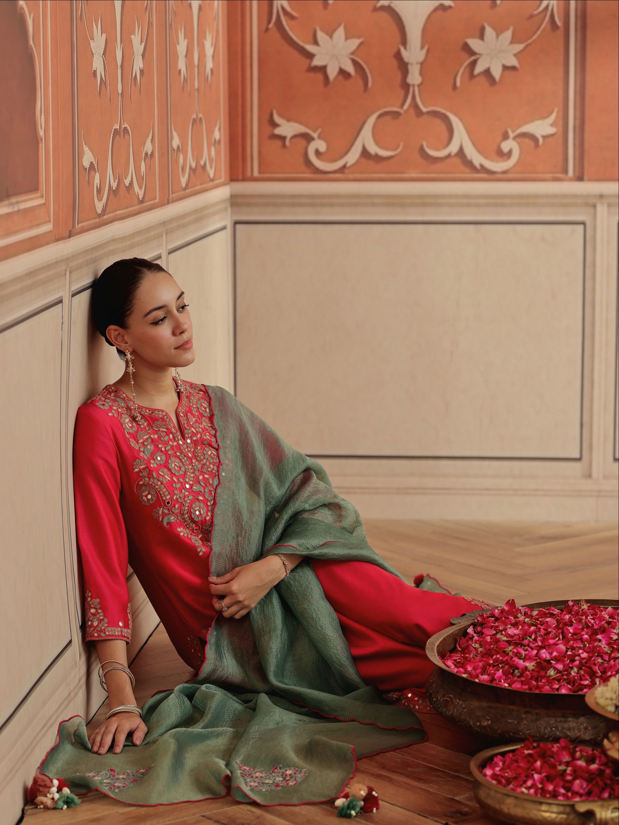 Veya Ruby Pink Mirror Work Silk Chanderi Handcrafted Kurta Set