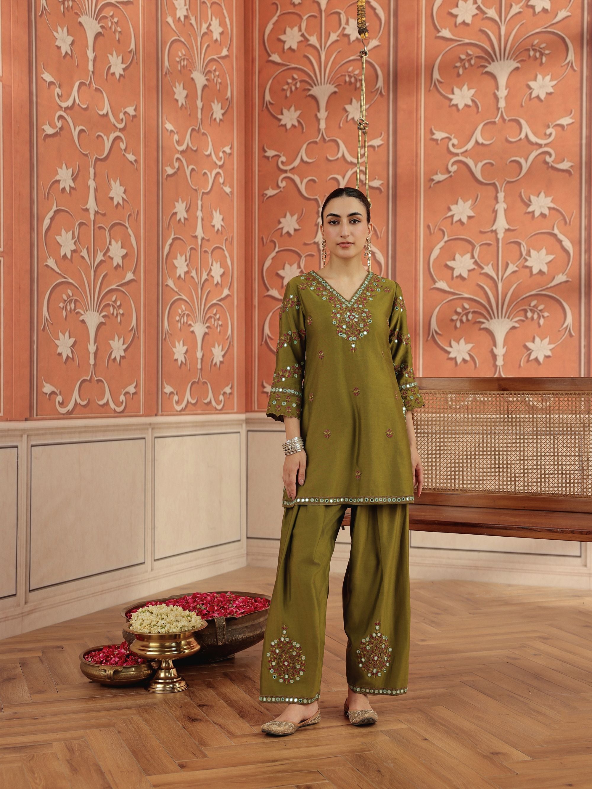 Arushi Olive Green Mirror Work Handcrafted Kurta Set With Farshi Salwar