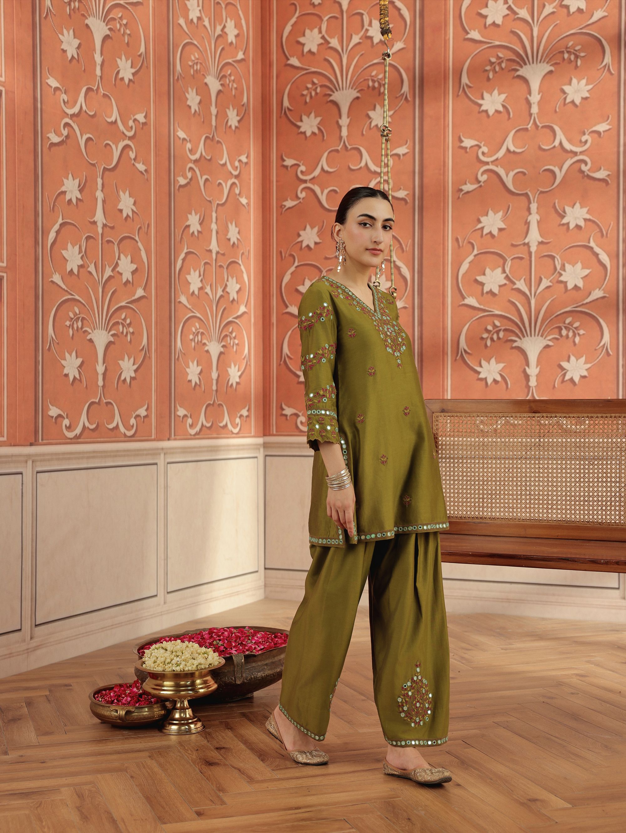 Arushi Olive Green Mirror Work Handcrafted Kurta Set With Farshi Salwar