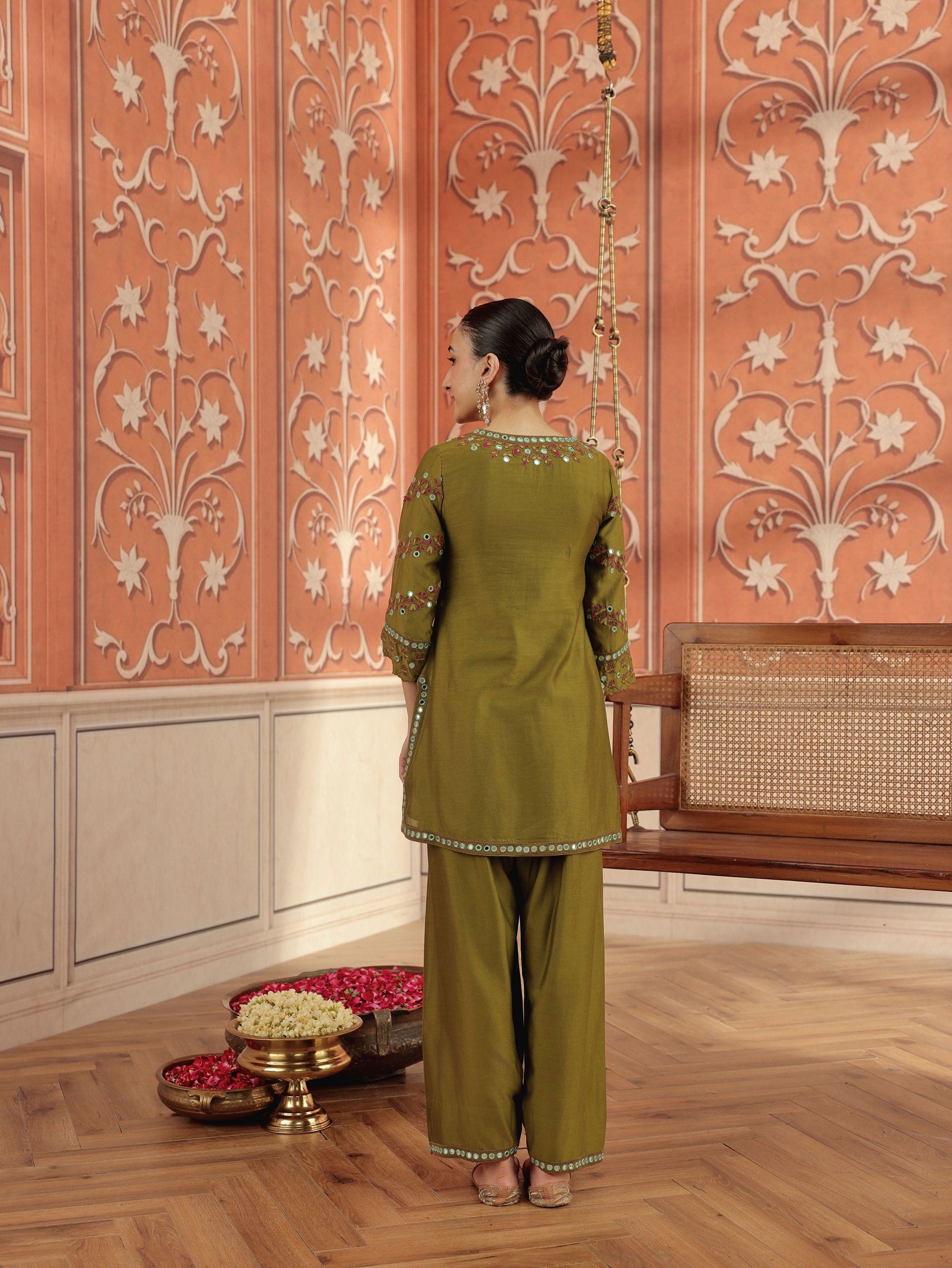 Arushi Olive Green Mirror Work Handcrafted Kurta Set With Farshi Salwar