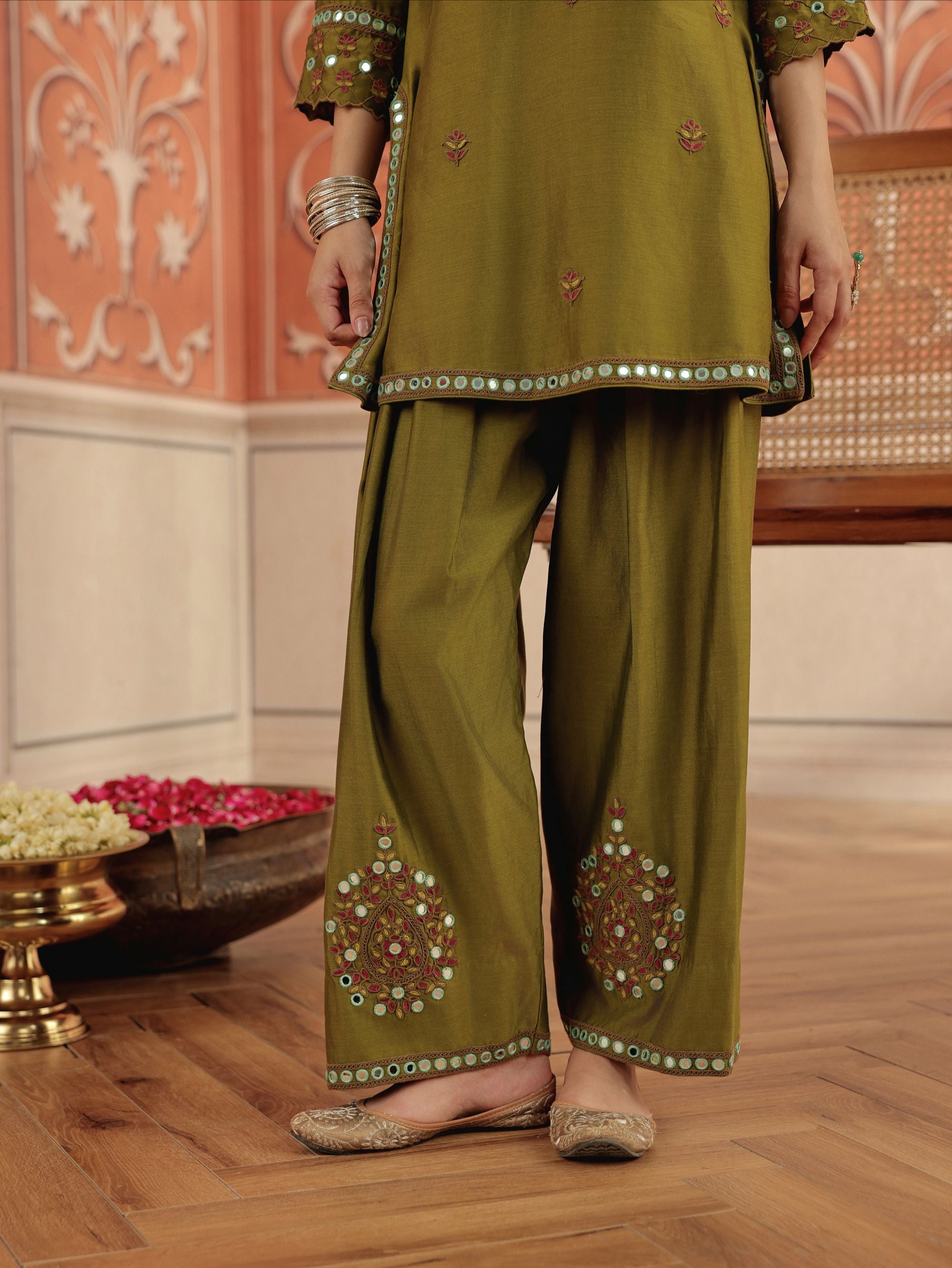 Arushi Olive Green Mirror Work Handcrafted Kurta Set With Farshi Salwar