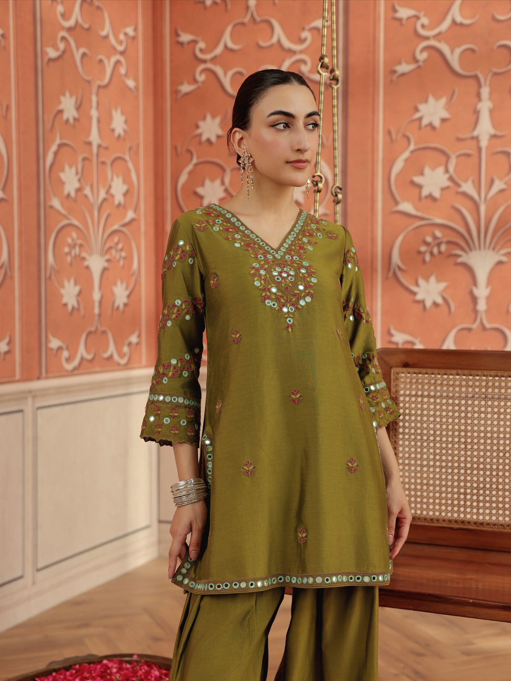 Arushi Olive Green Mirror Work Handcrafted Kurta Set With Farshi Salwar