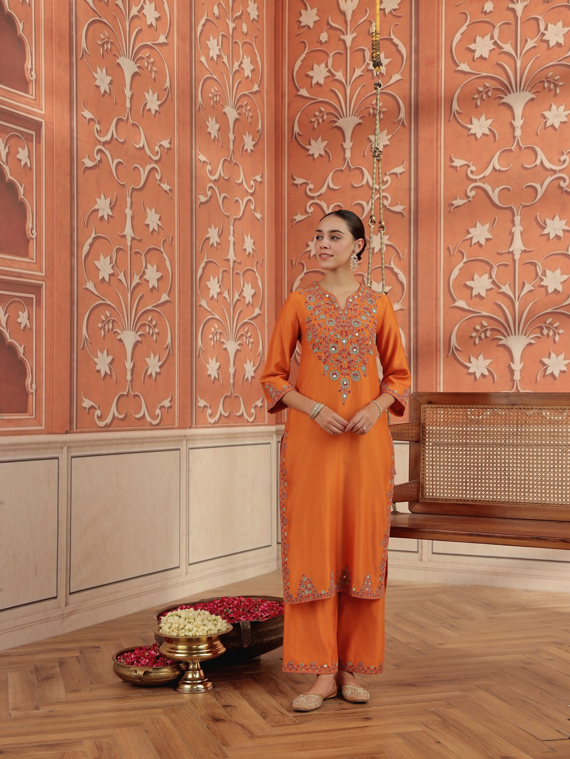 Veya Orange Mirror Work Silk Chanderi Handcrafted Kurta Set