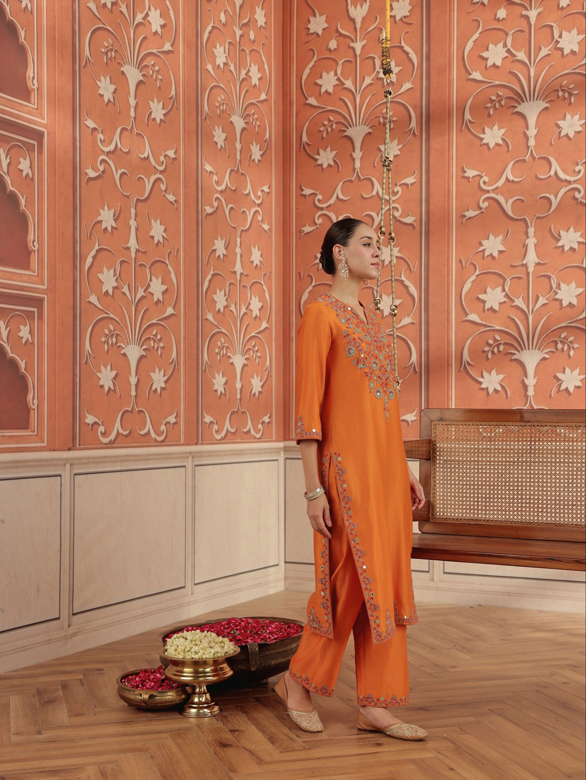 Veya Orange Mirror Work Silk Chanderi Handcrafted Kurta Set