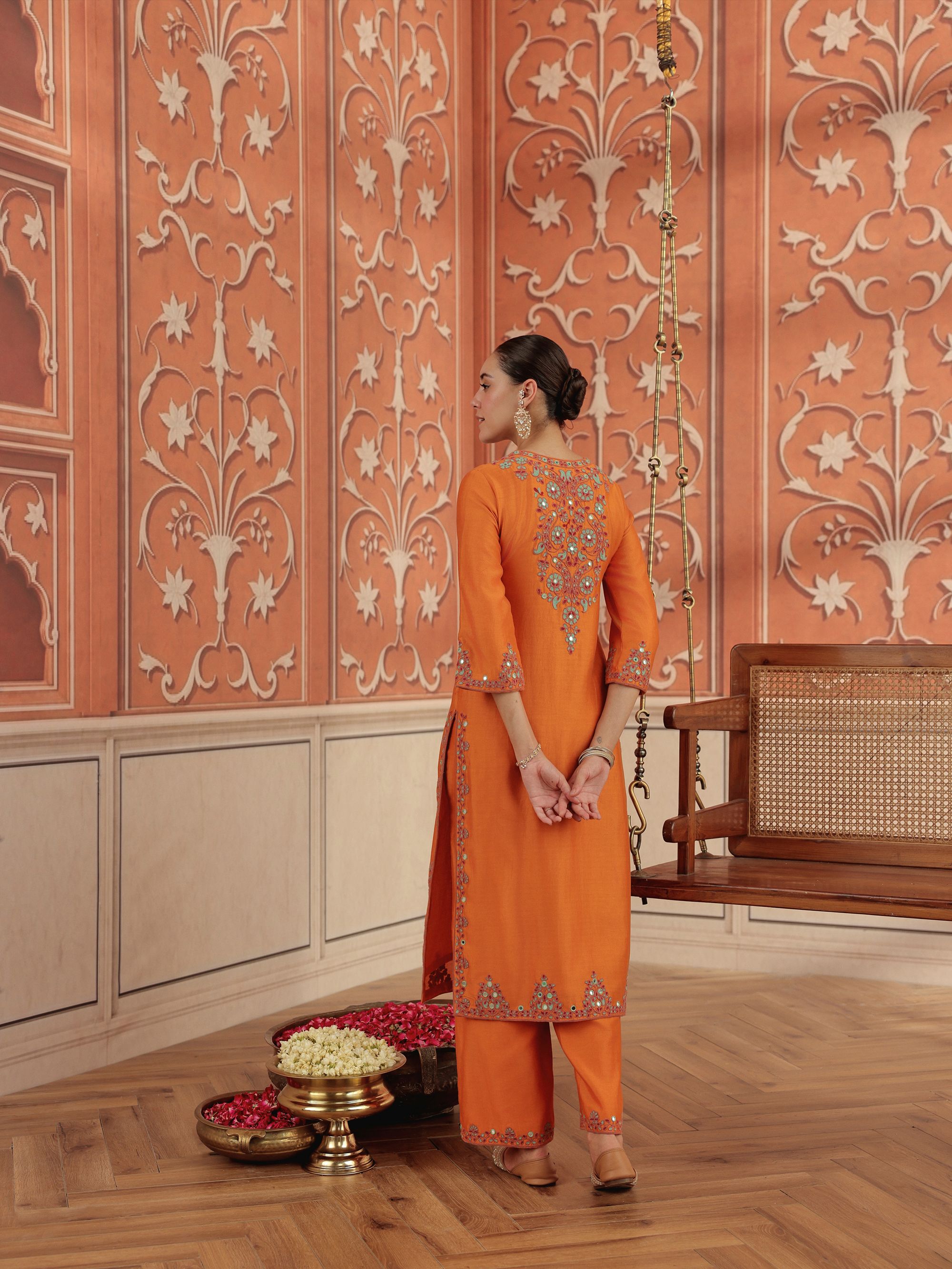 Veya Orange Mirror Work Silk Chanderi Handcrafted Kurta Set