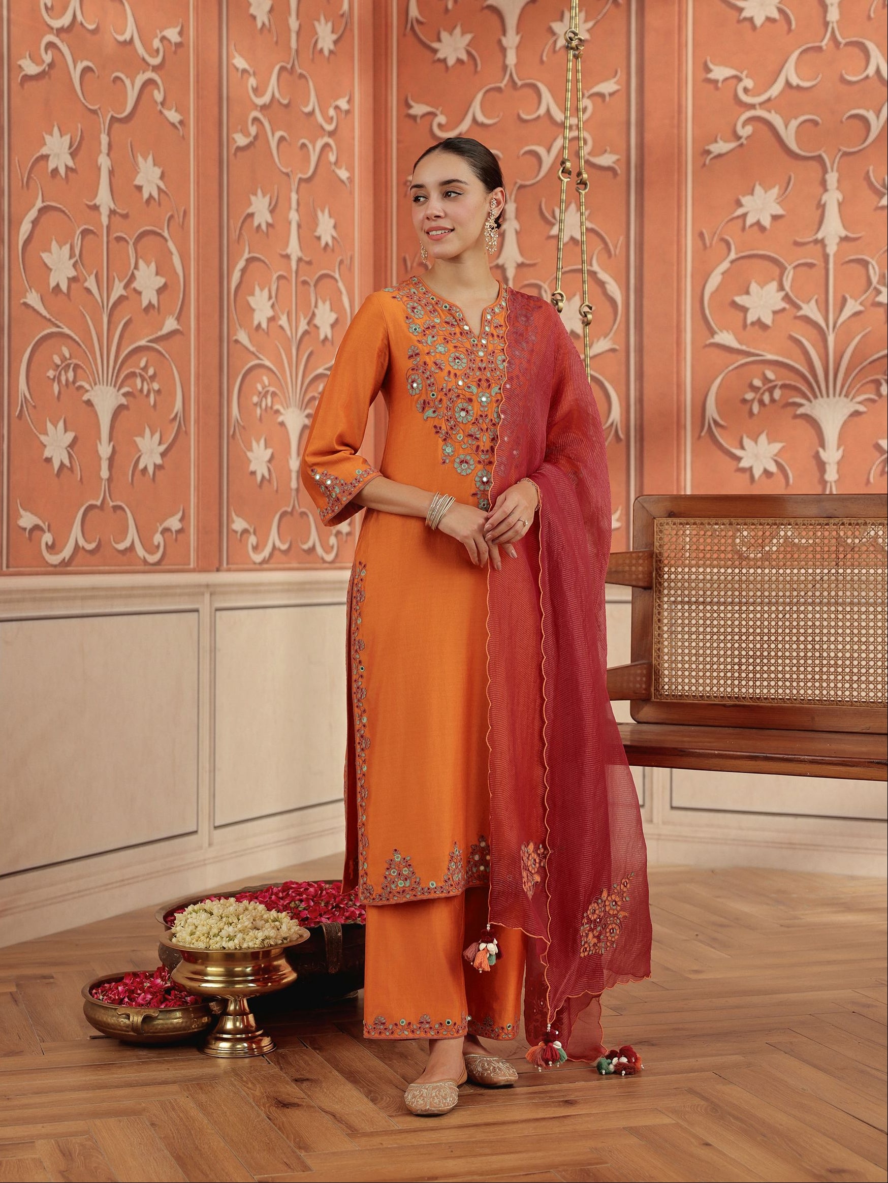 Veya Orange Mirror Work Silk Chanderi Handcrafted Kurta Set