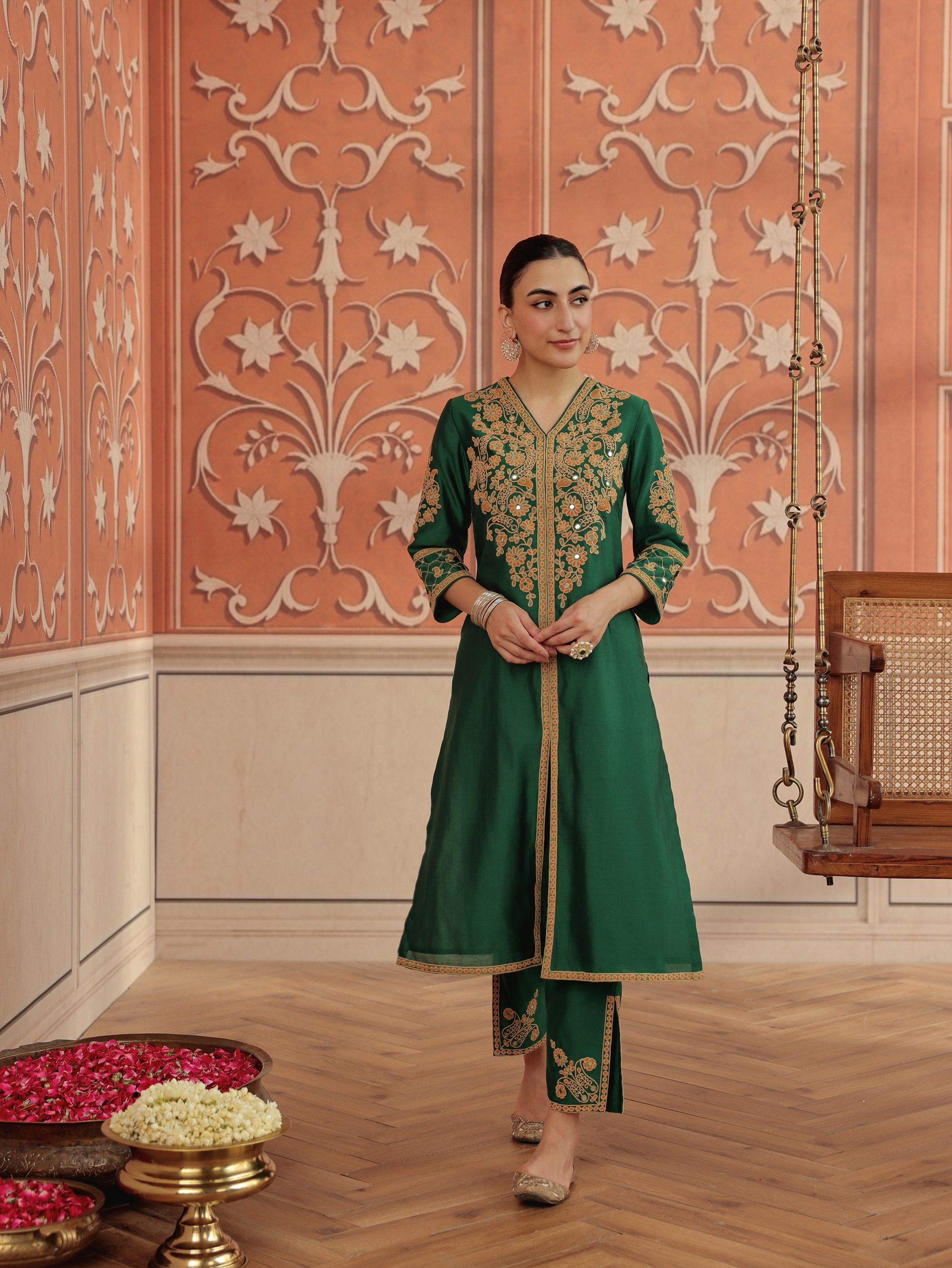 Veera Emerald Green Mirror Work Silk Chanderi Handcrafted Kurta Set