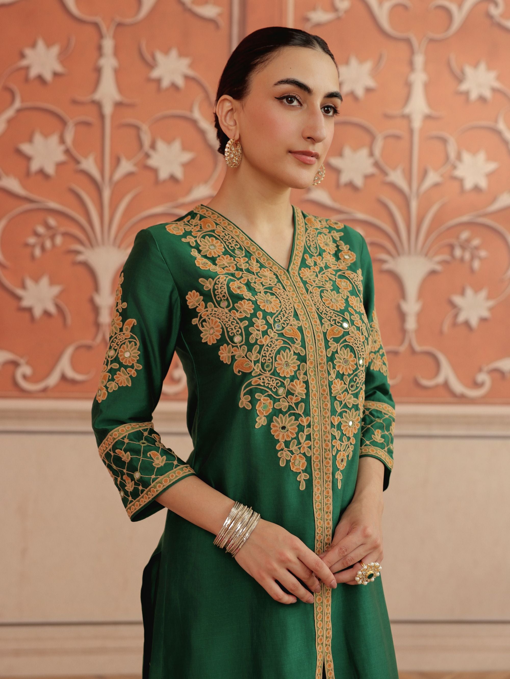 Veera Emerald Green Mirror Work Silk Chanderi Handcrafted Kurta Set