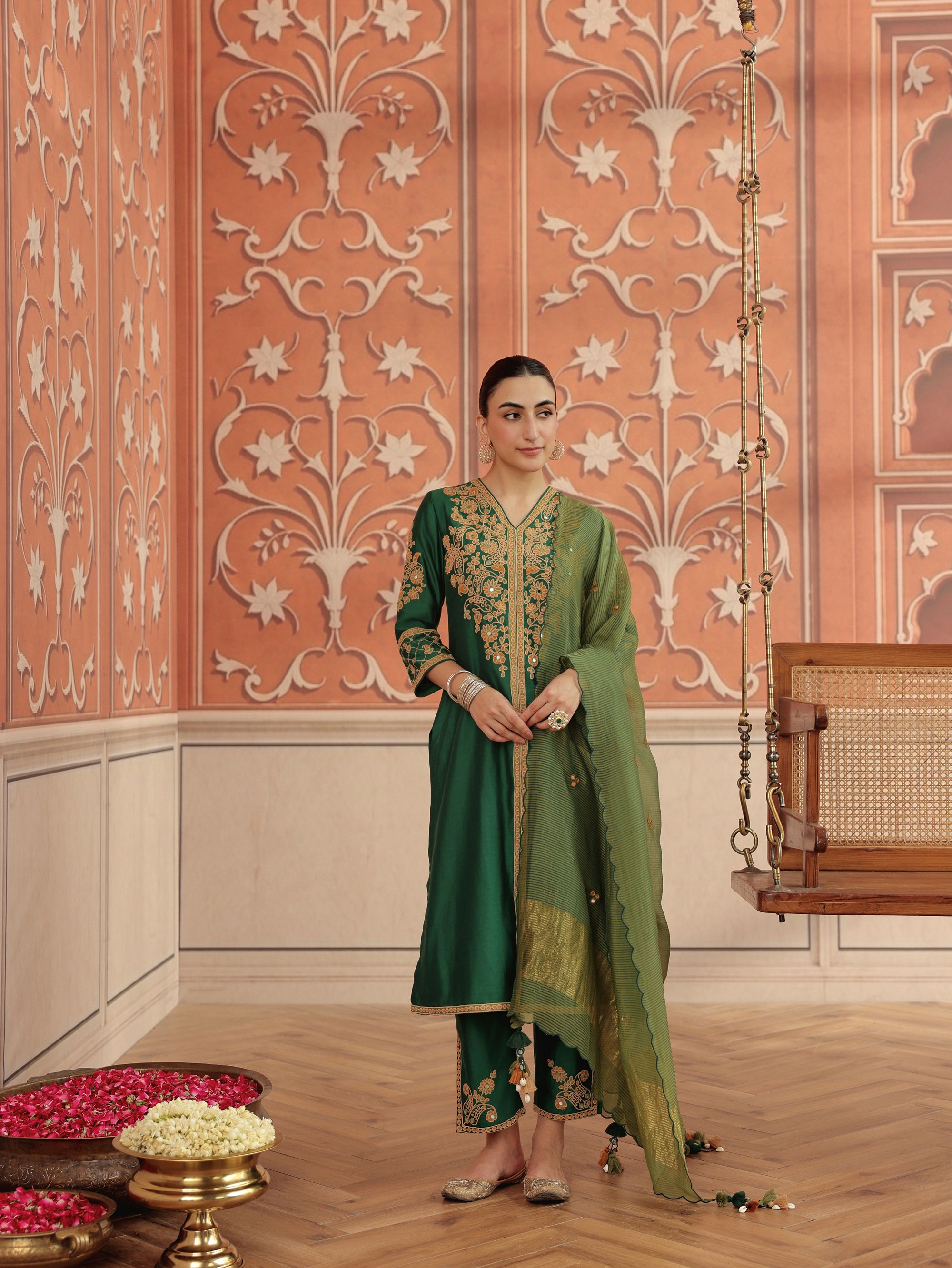 Veera Emerald Green Mirror Work Silk Chanderi Handcrafted Kurta Set