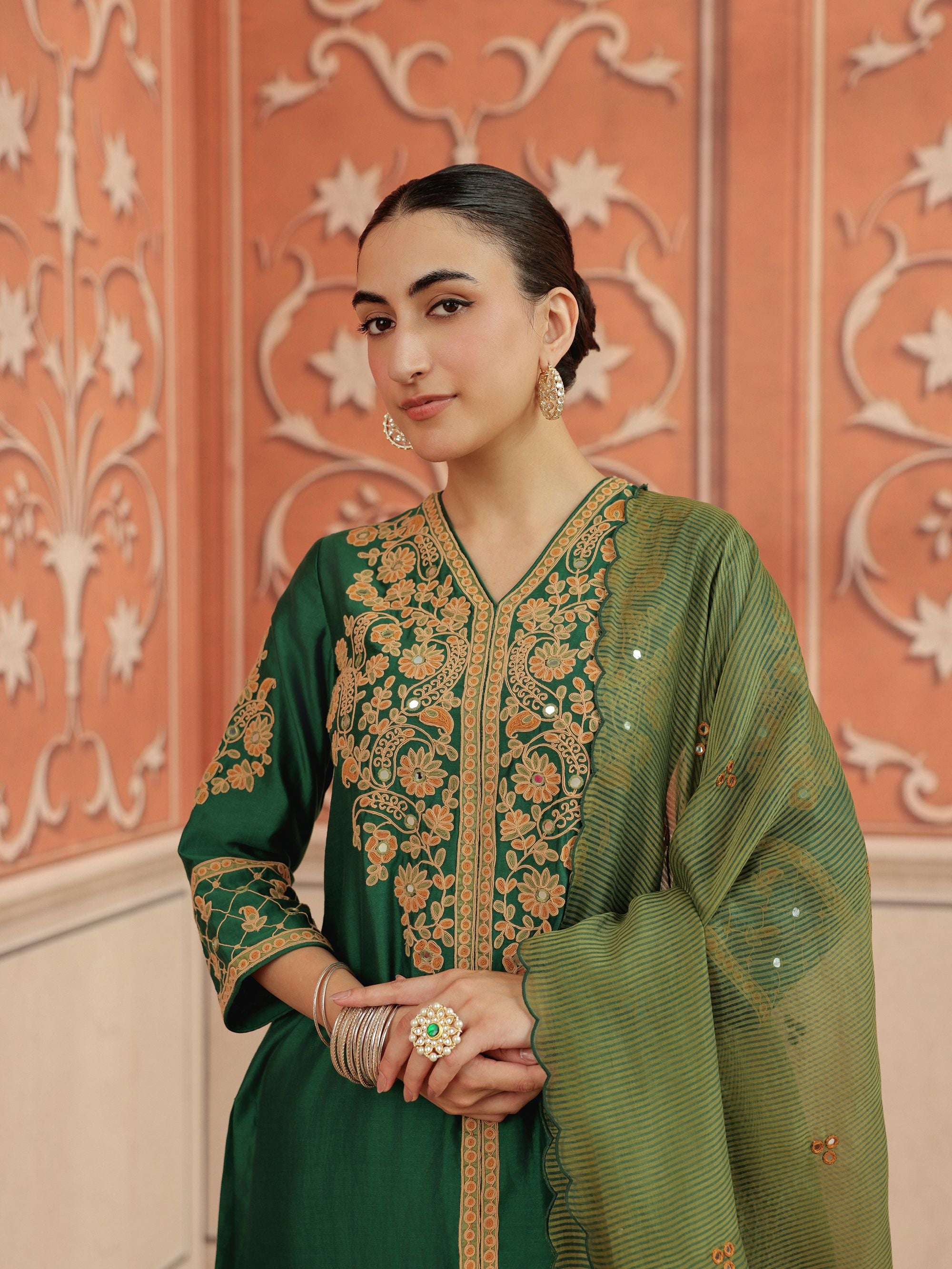 Veera Emerald Green Mirror Work Silk Chanderi Handcrafted Kurta Set