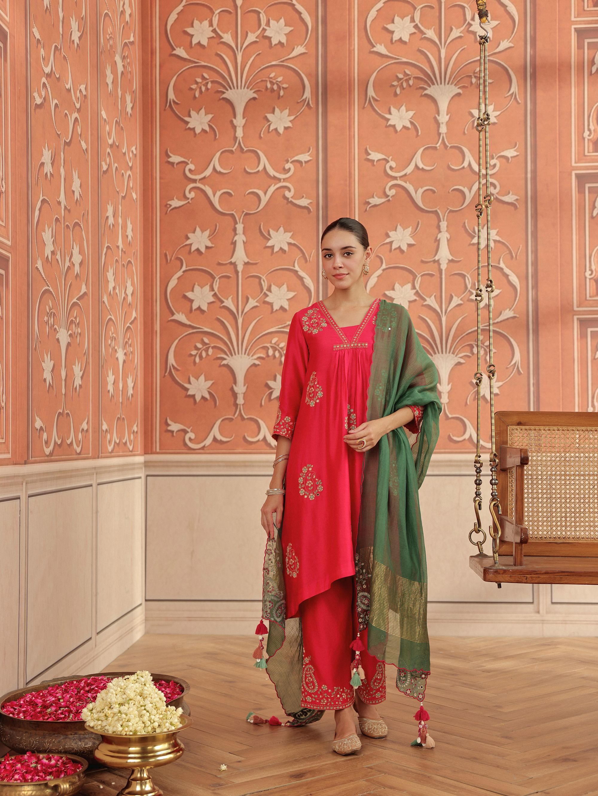Nira Ruby Pink Mirror Work Silk  Chanderi Handcrafted Kurta Set