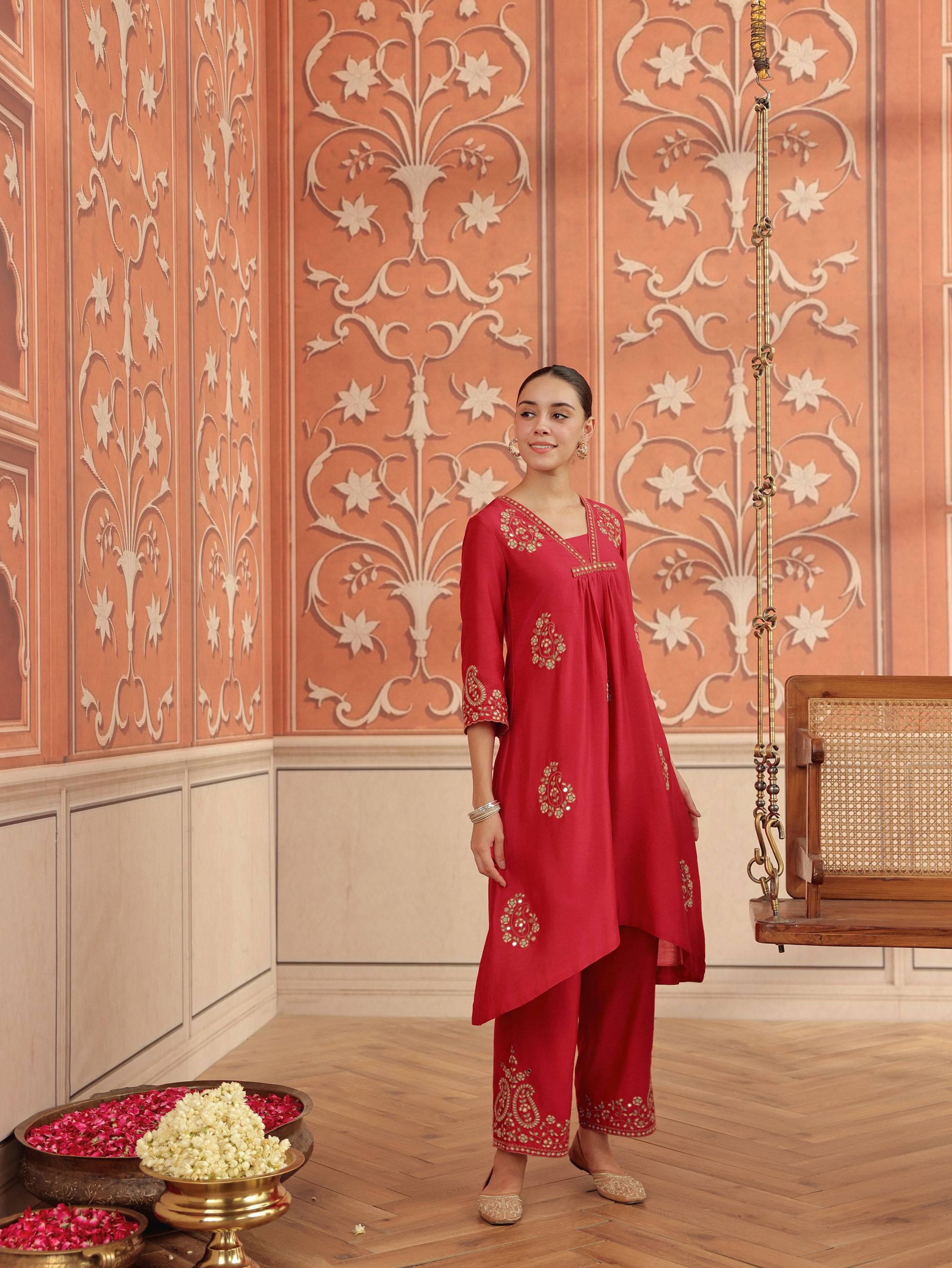 Nira Ruby Pink Mirror Work Silk  Chanderi Handcrafted Kurta Set