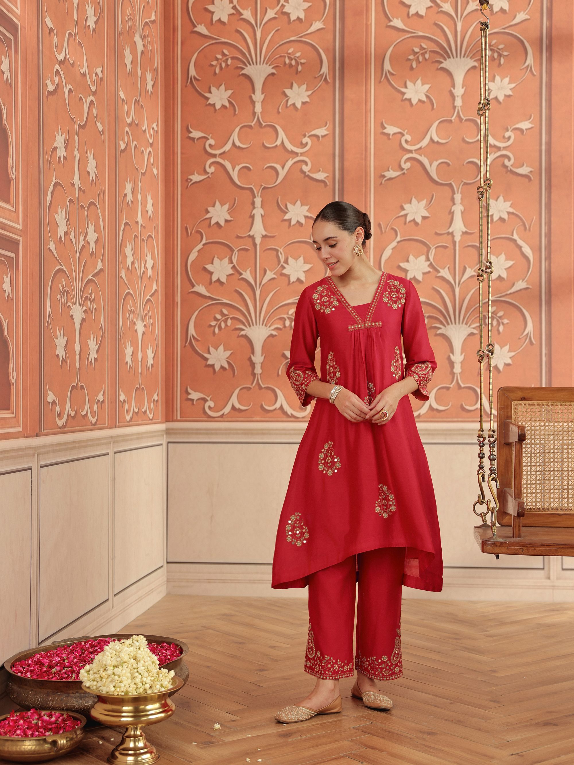 Nira Ruby Pink Mirror Work Silk  Chanderi Handcrafted Kurta Set