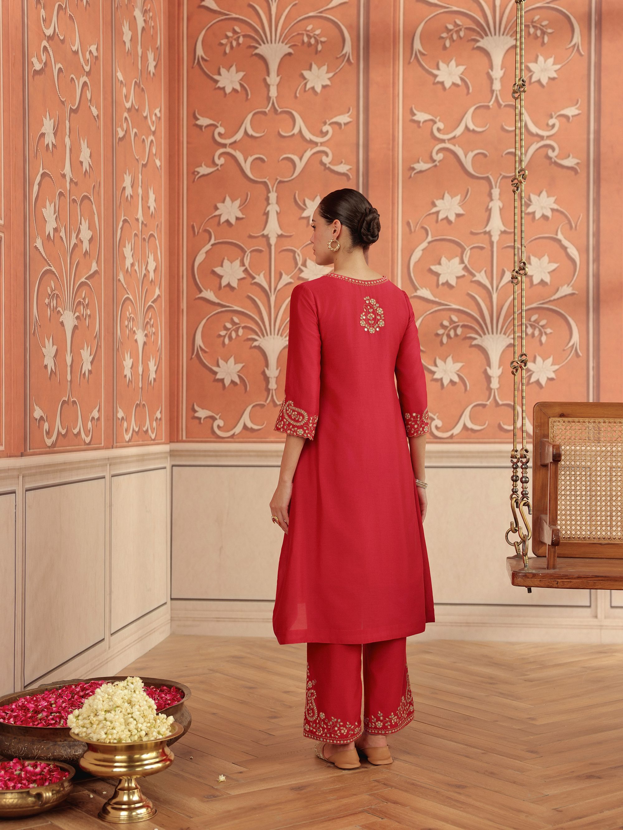 Nira Ruby Pink Mirror Work Silk  Chanderi Handcrafted Kurta Set