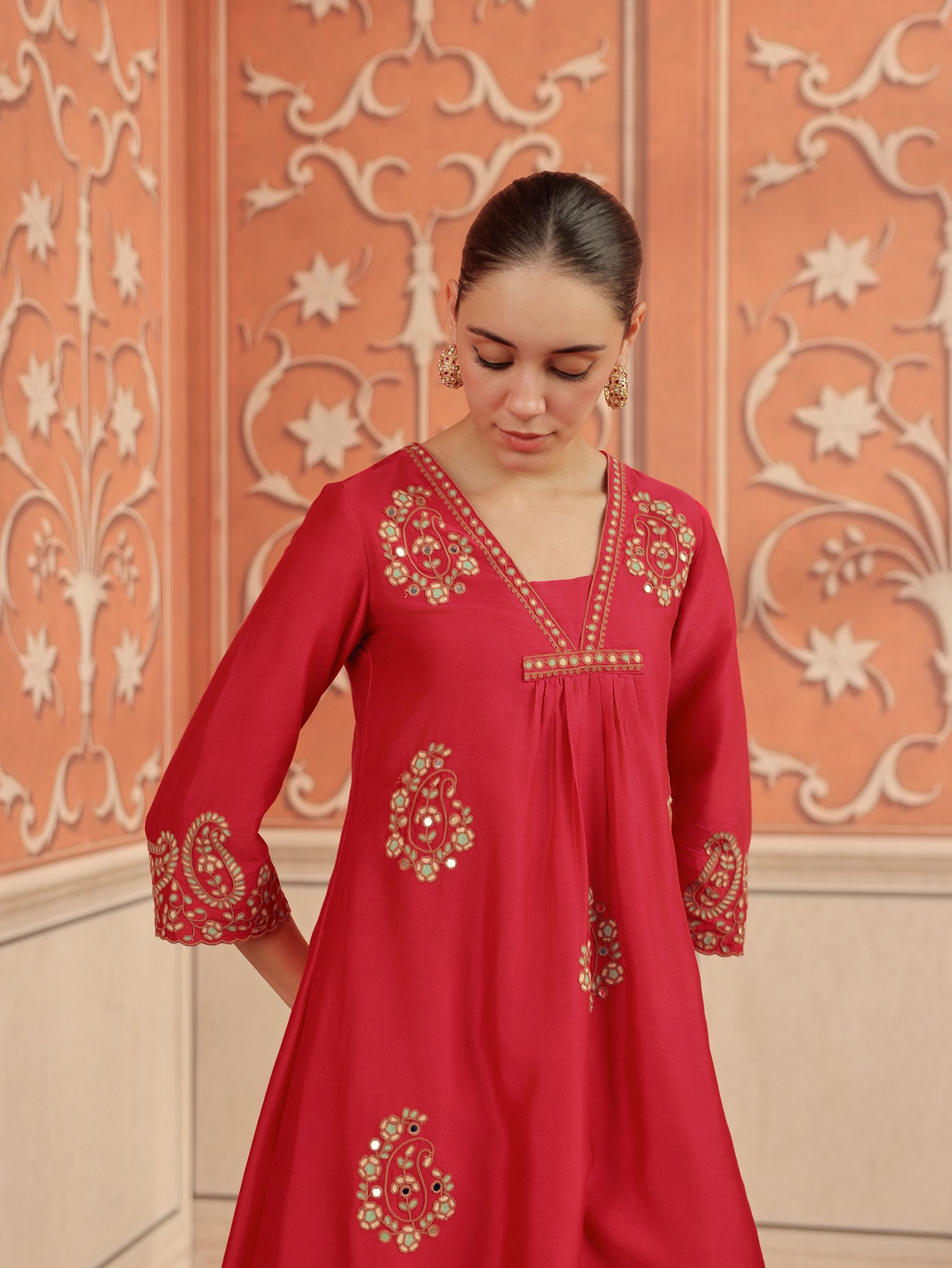 Nira Ruby Pink Mirror Work Silk  Chanderi Handcrafted Kurta Set
