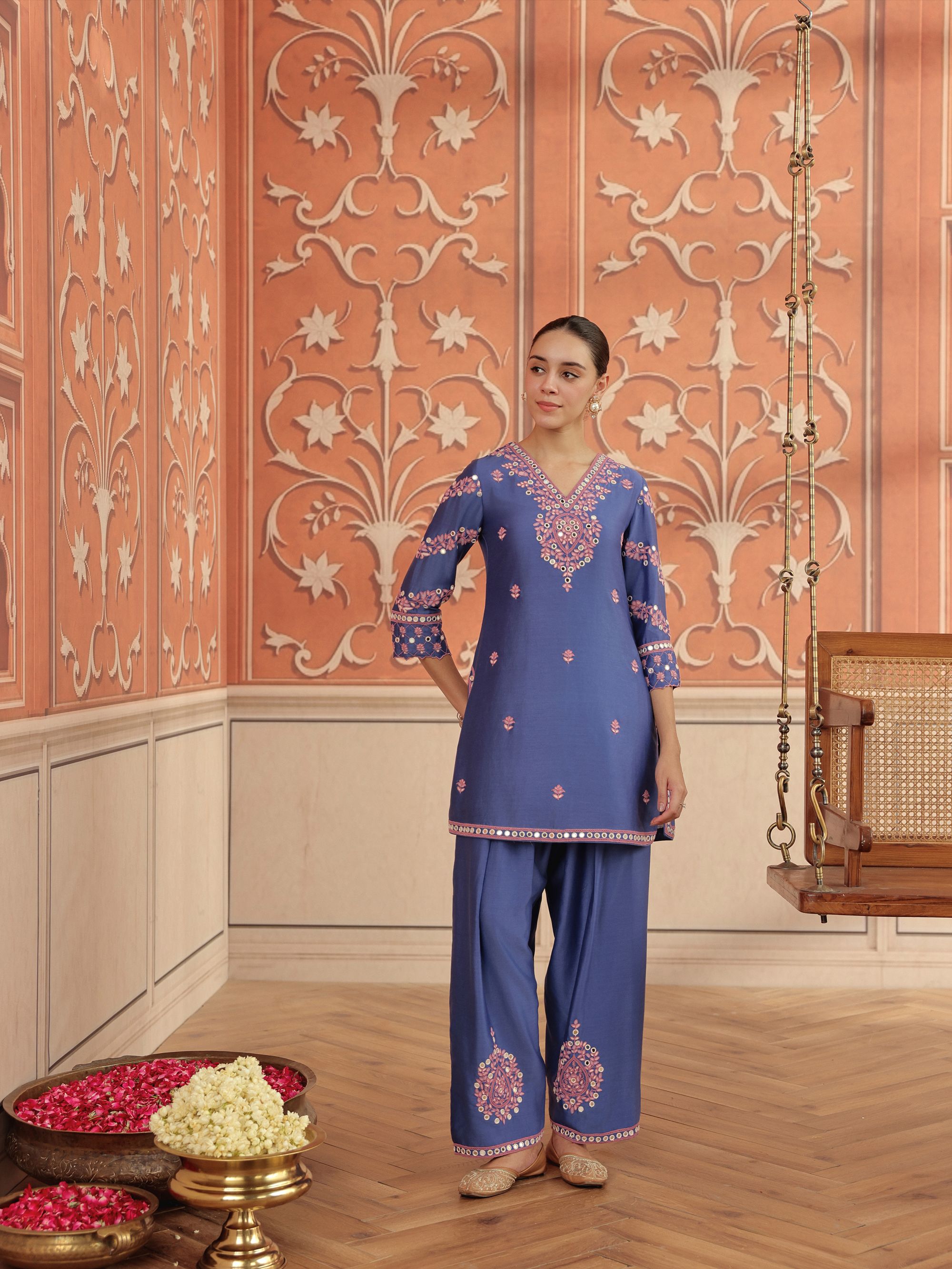 Arushi Blue Mirror Work Handcrafted Kurta Set With Farshi Salwar