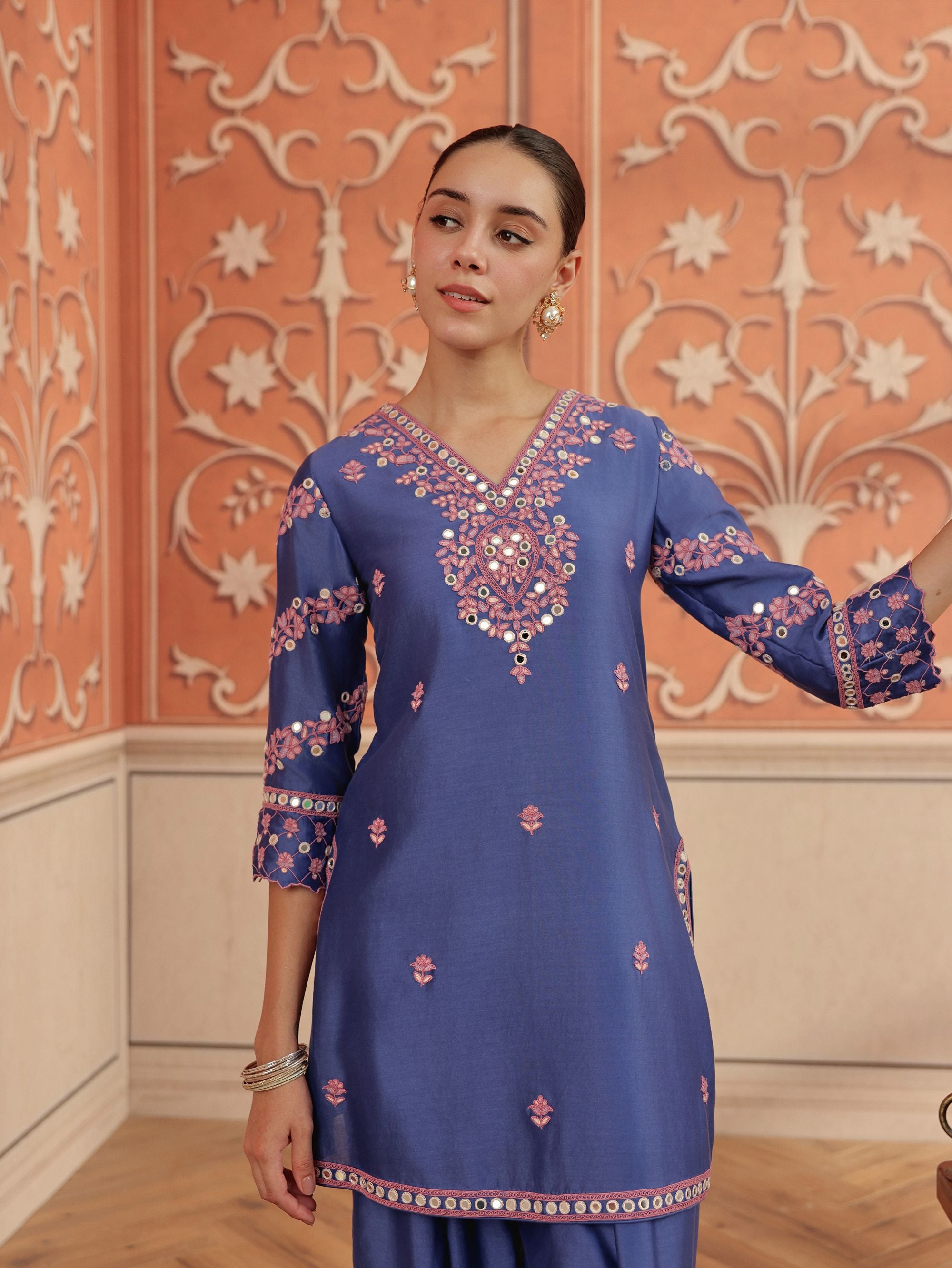 Arushi Blue Mirror Work Handcrafted Kurta Set With Farshi Salwar
