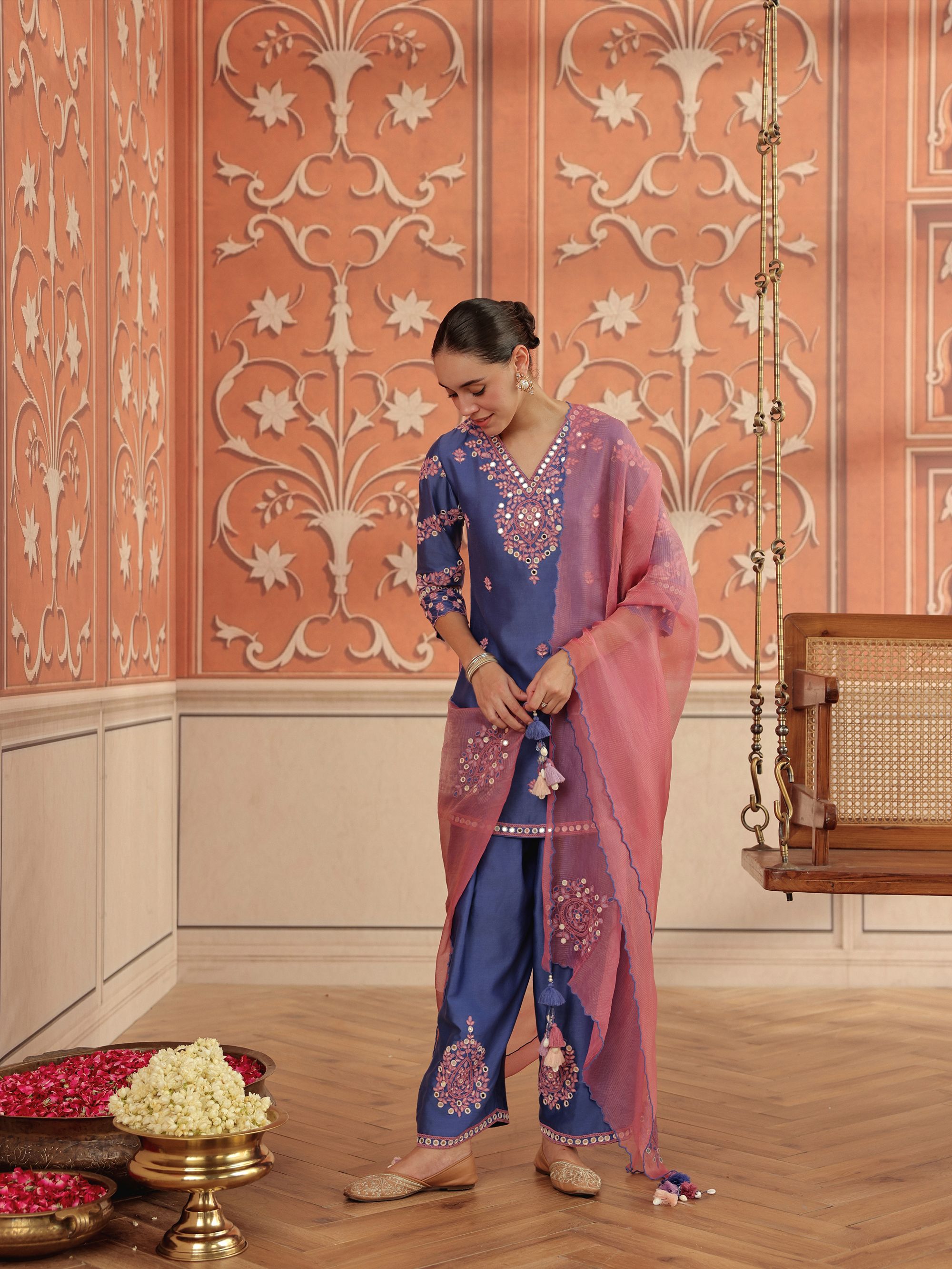 Arushi Blue Mirror Work Handcrafted Kurta Set With Farshi Salwar