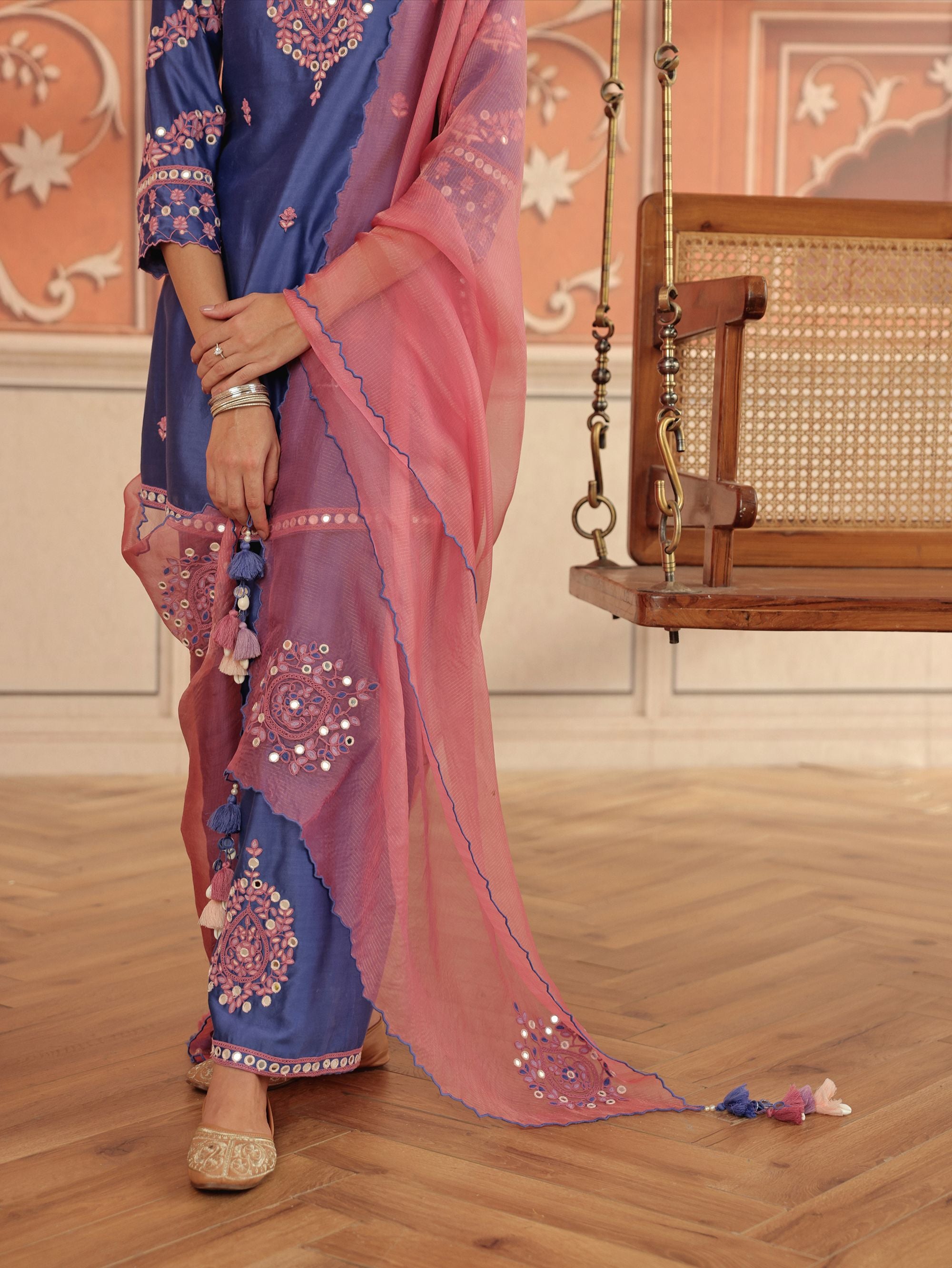 Arushi Blue Mirror Work Handcrafted Kurta Set With Farshi Salwar