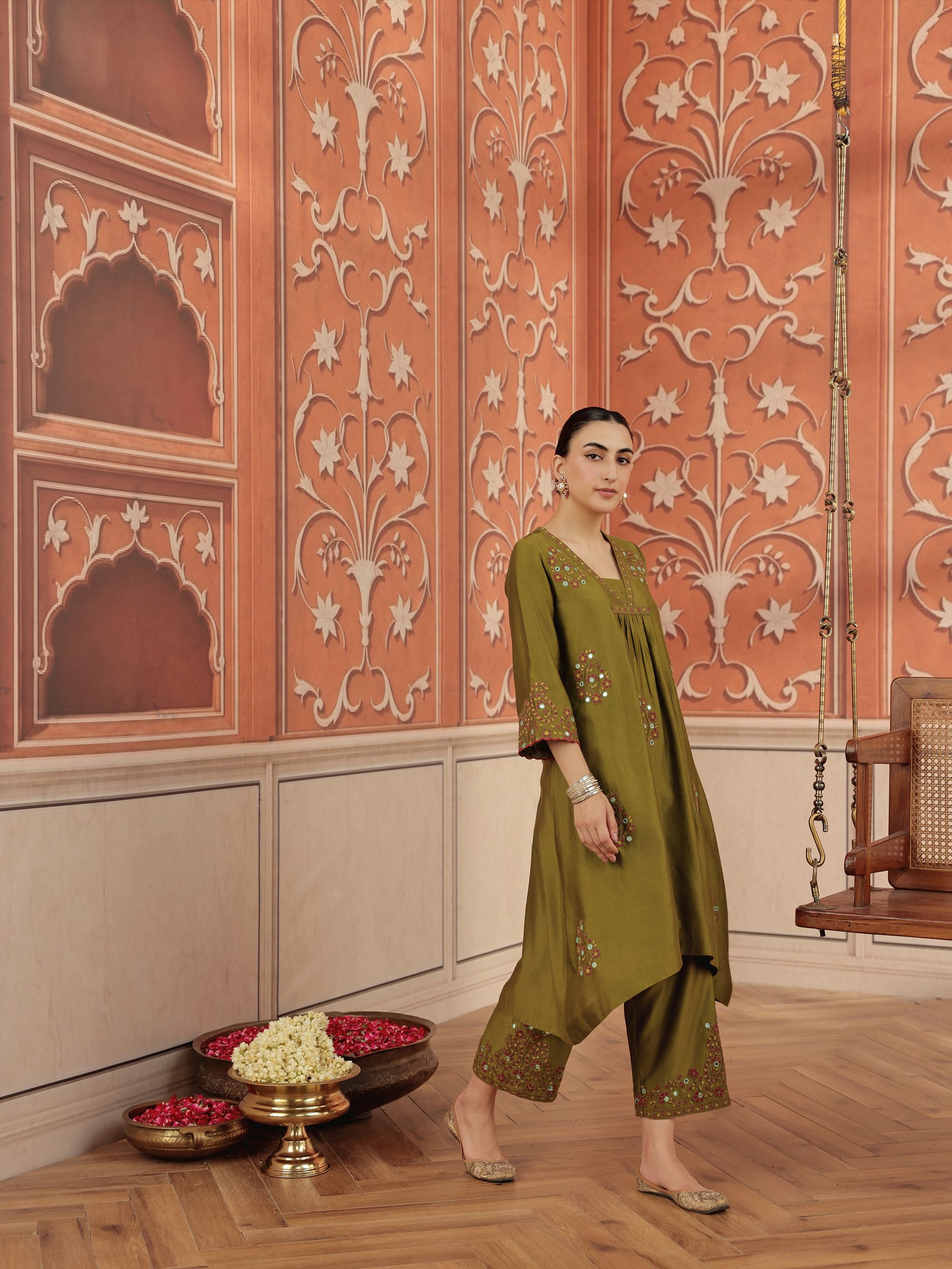 Arushi Olive Green Mirror Work Handcrafted Kurta Set With Farshi Salwar