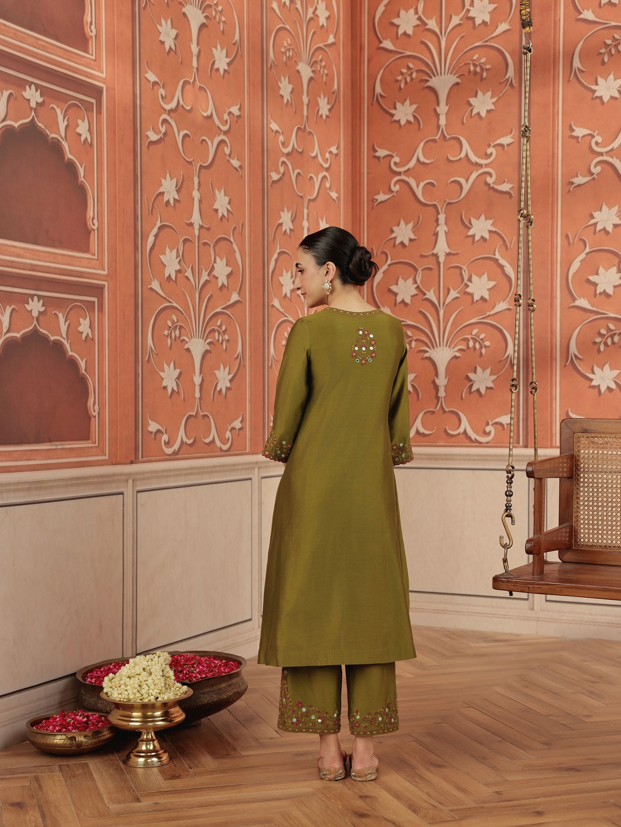 Nira Olive Green Mirror Work Silk Chanderi Handcrafted Kurta Set