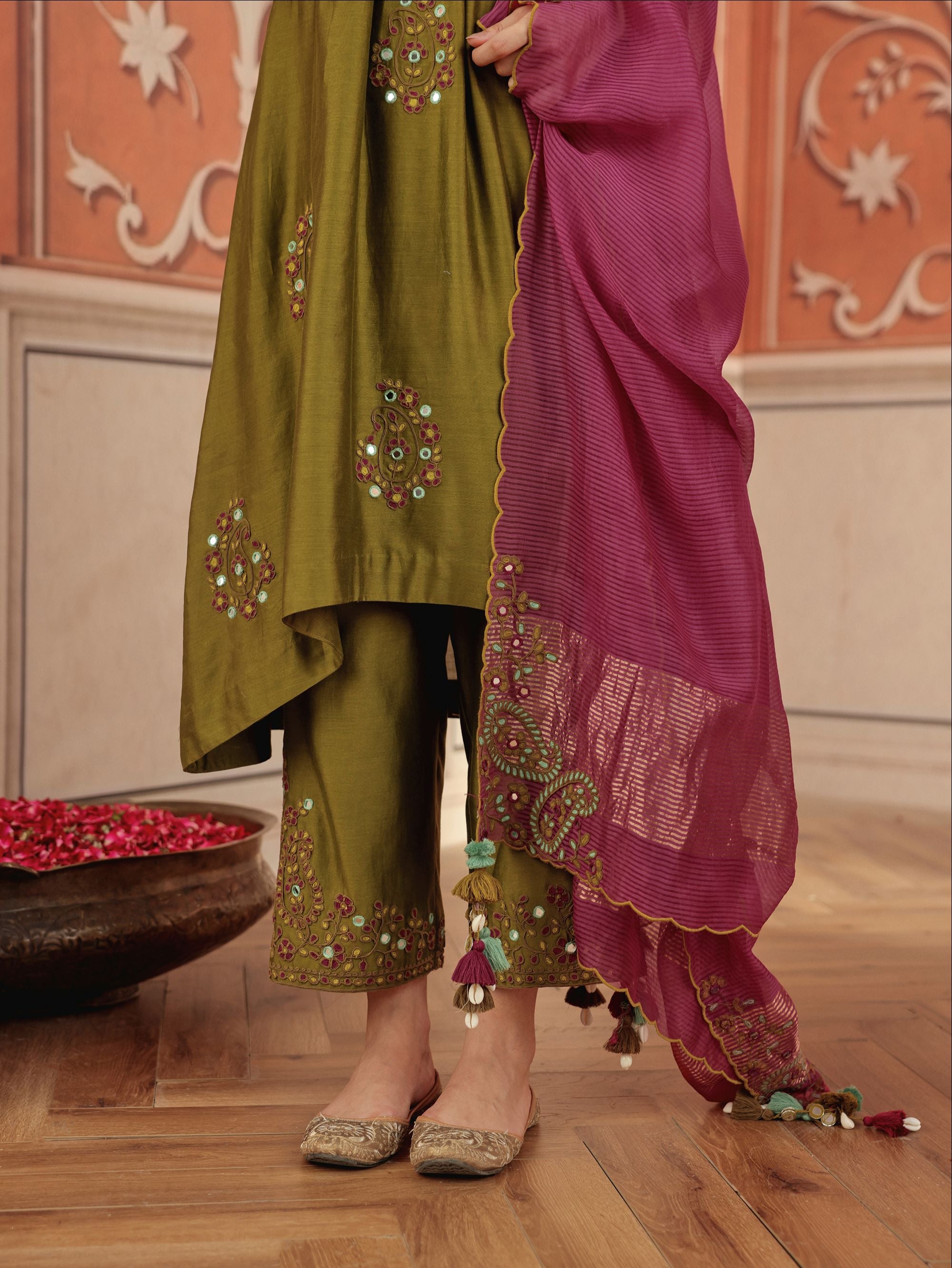 Nira Olive Green Mirror Work Silk Chanderi Handcrafted Kurta Set