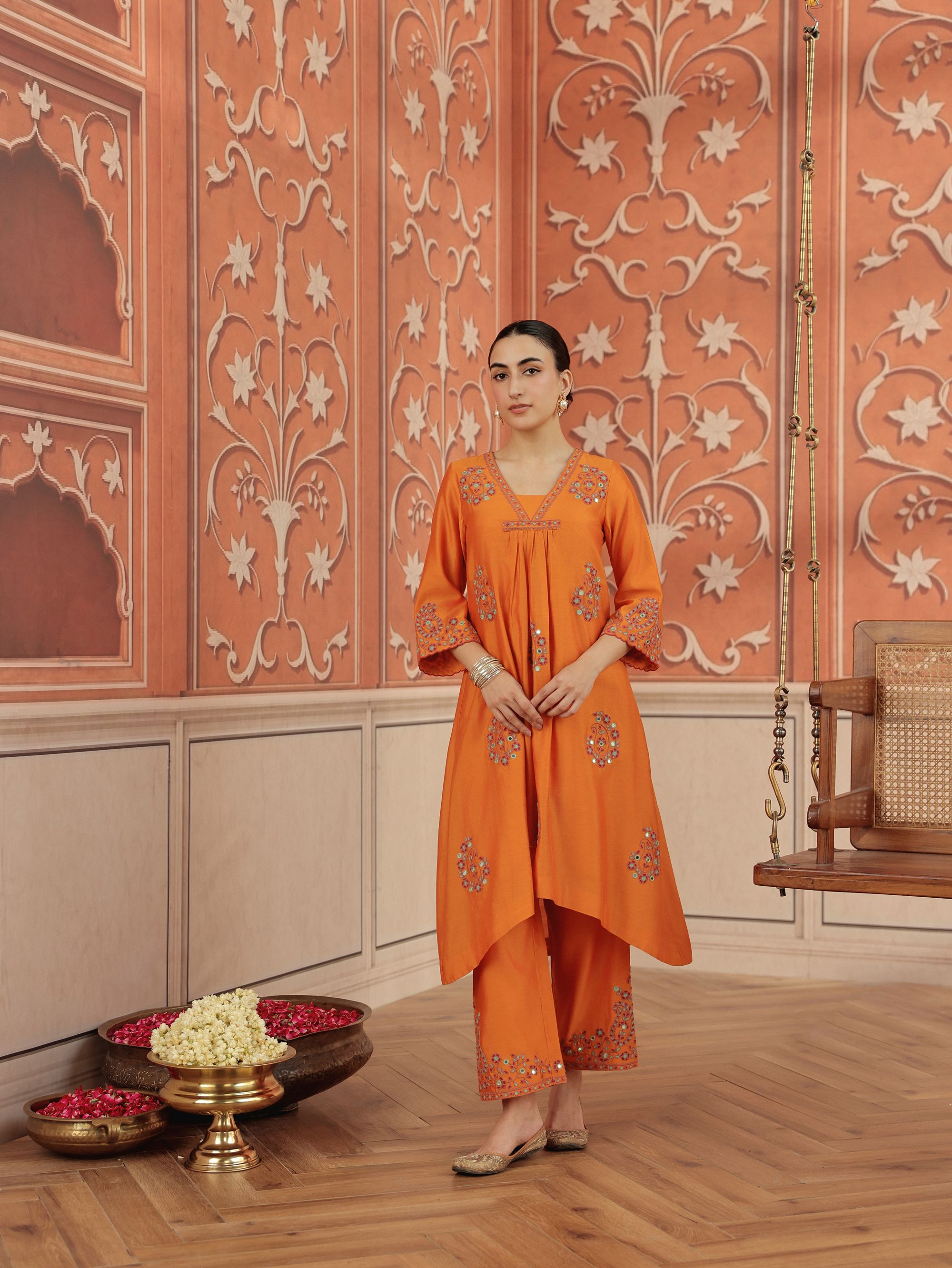 Nira Orange Mirror Work Silk  Chanderi Handcrafted Kurta Set