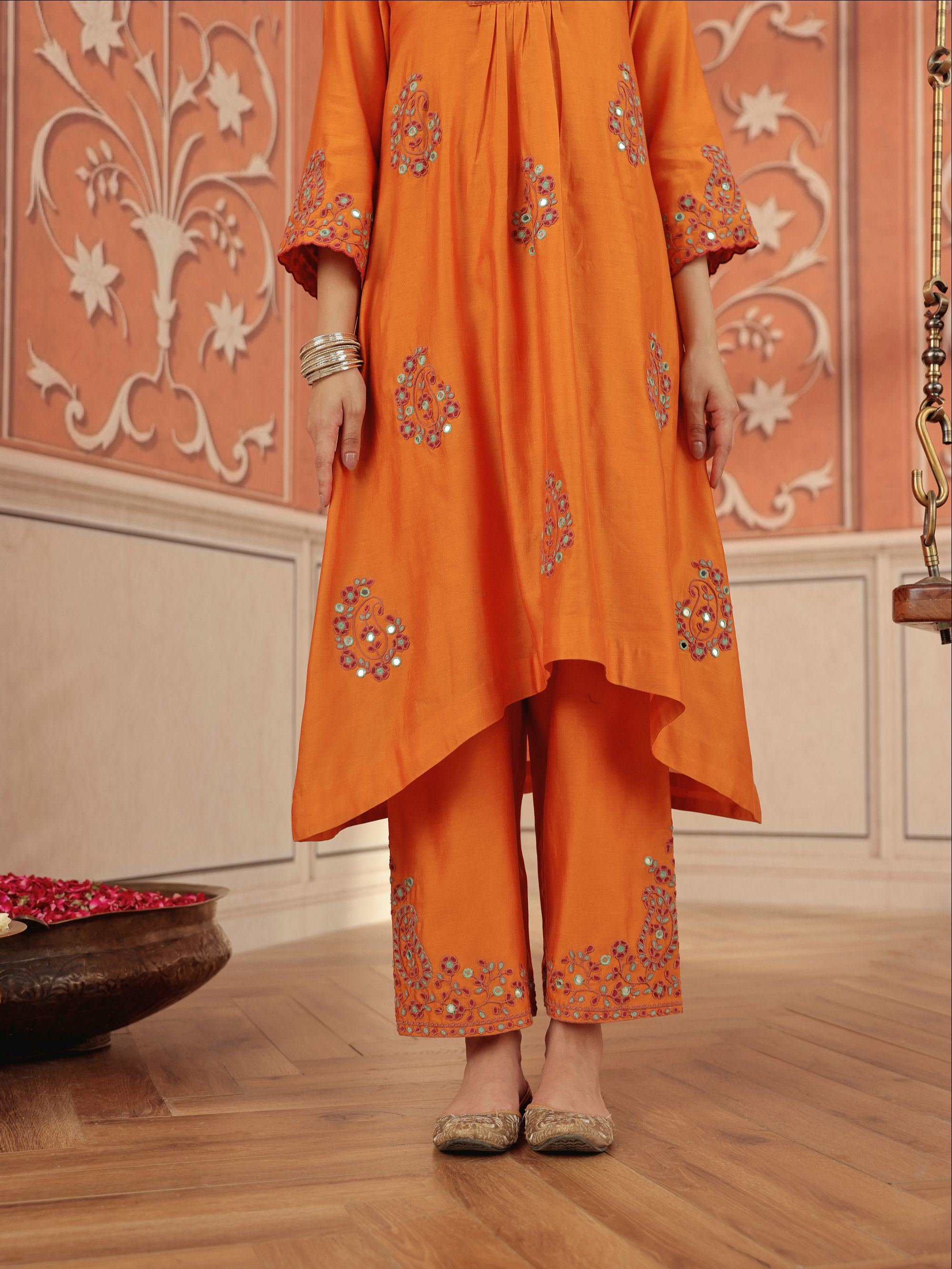 Nira Orange Mirror Work Silk  Chanderi Handcrafted Kurta Set