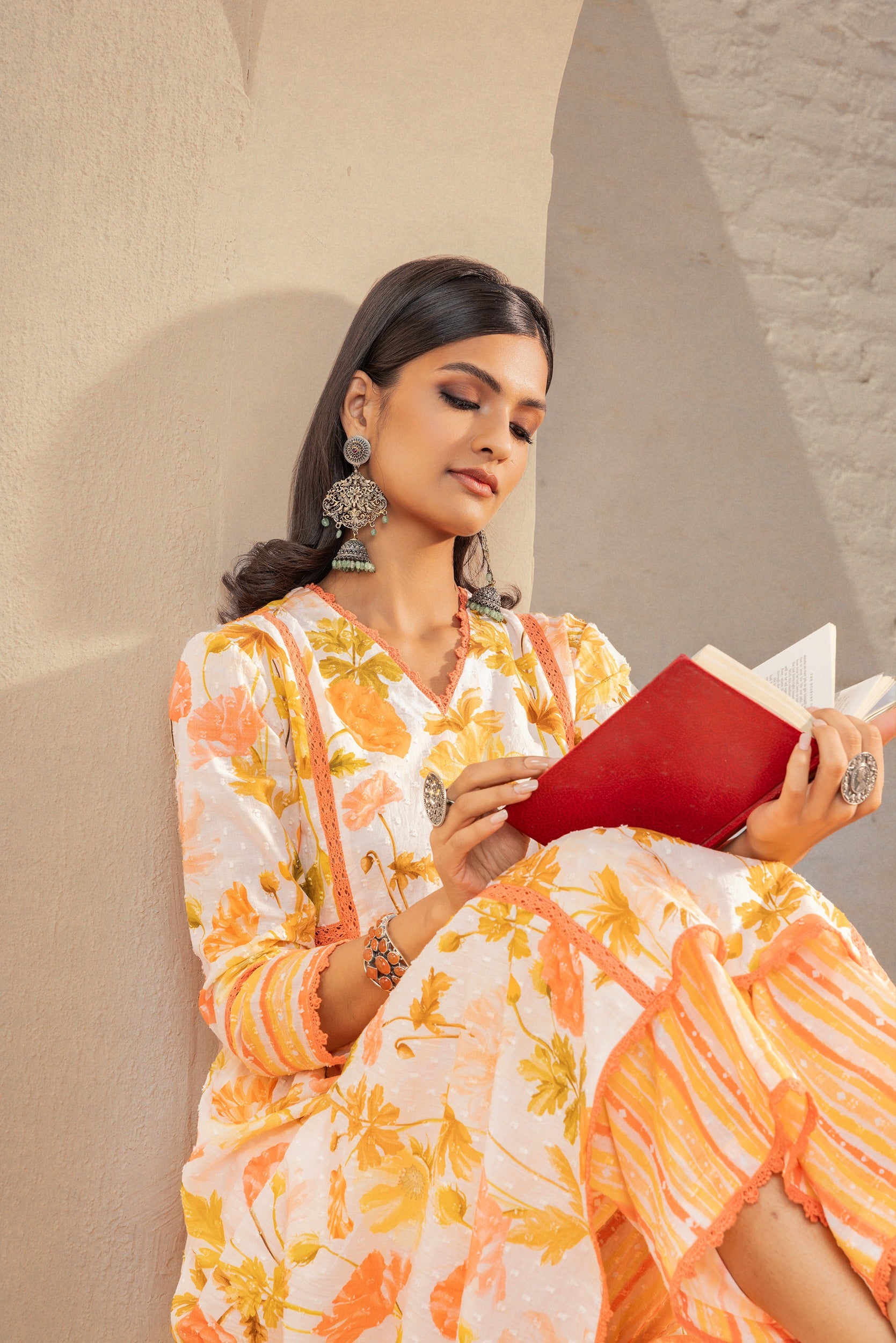 HEER ORANGE FLORAL PRINTED COTTON DOBBY KURTA SET