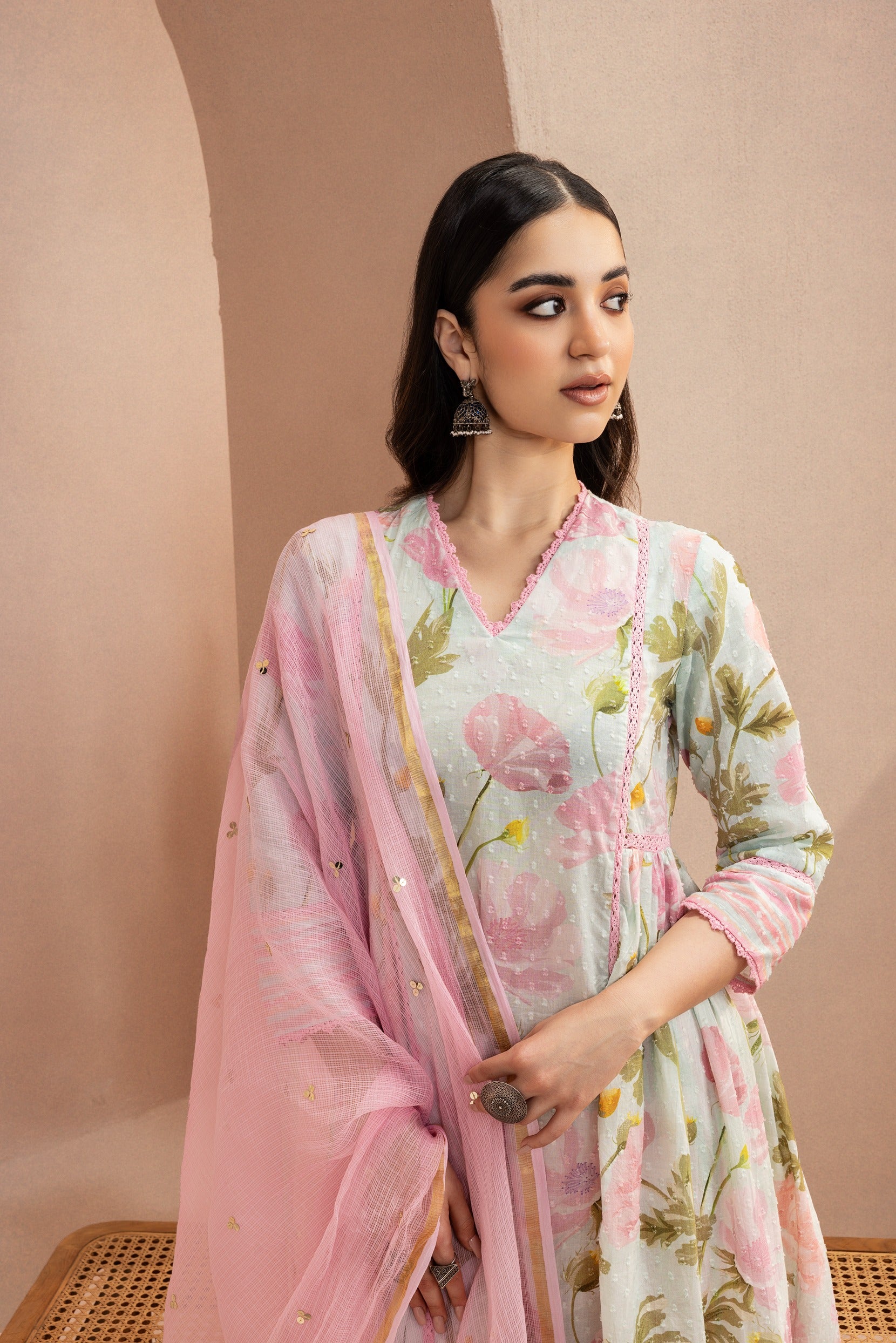 HEER BLUE FLORAL PRINTED COTTON DOBBY KURTA SET