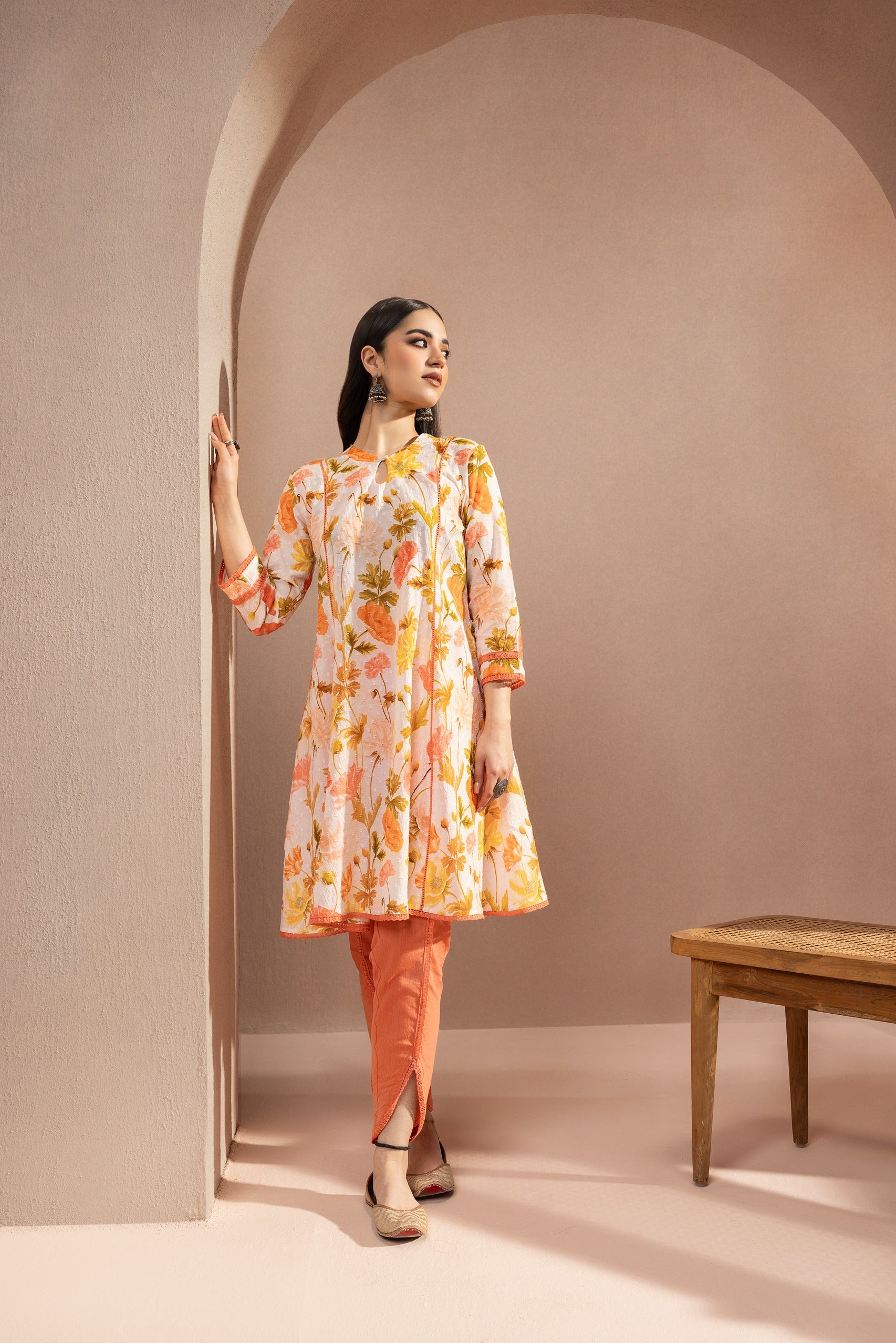 ZAHUR ORANGE FLORAL PRINTED COTTON DOBBY KURTA SET