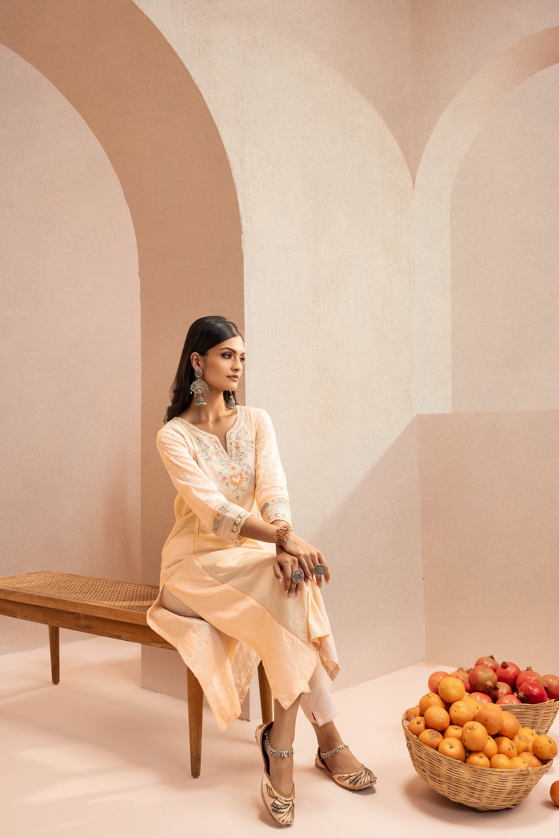 JASMINE PEACH SCHIFFLI EMBROIDERED COTTON DOBBY KURTA SET