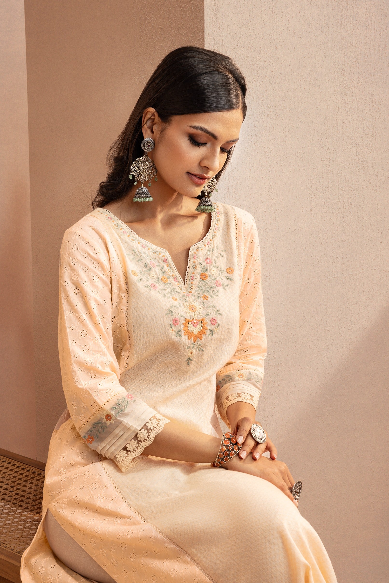 JASMINE PEACH SCHIFFLI EMBROIDERED COTTON DOBBY KURTA SET