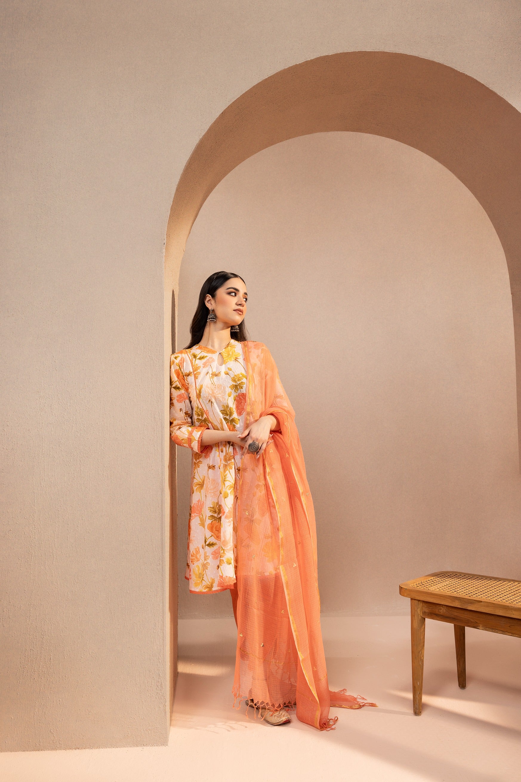 ZAHUR ORANGE FLORAL PRINTED COTTON DOBBY KURTA SET