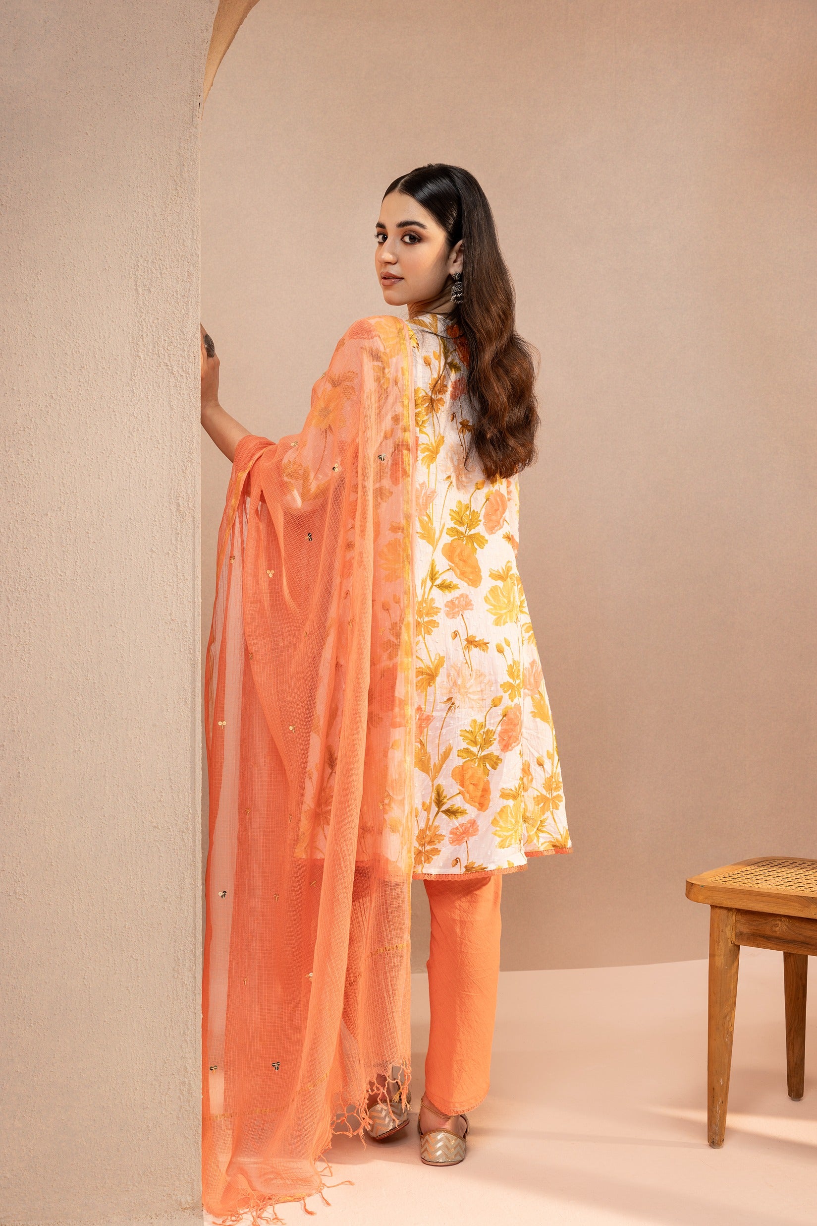 ZAHUR ORANGE FLORAL PRINTED COTTON DOBBY KURTA SET